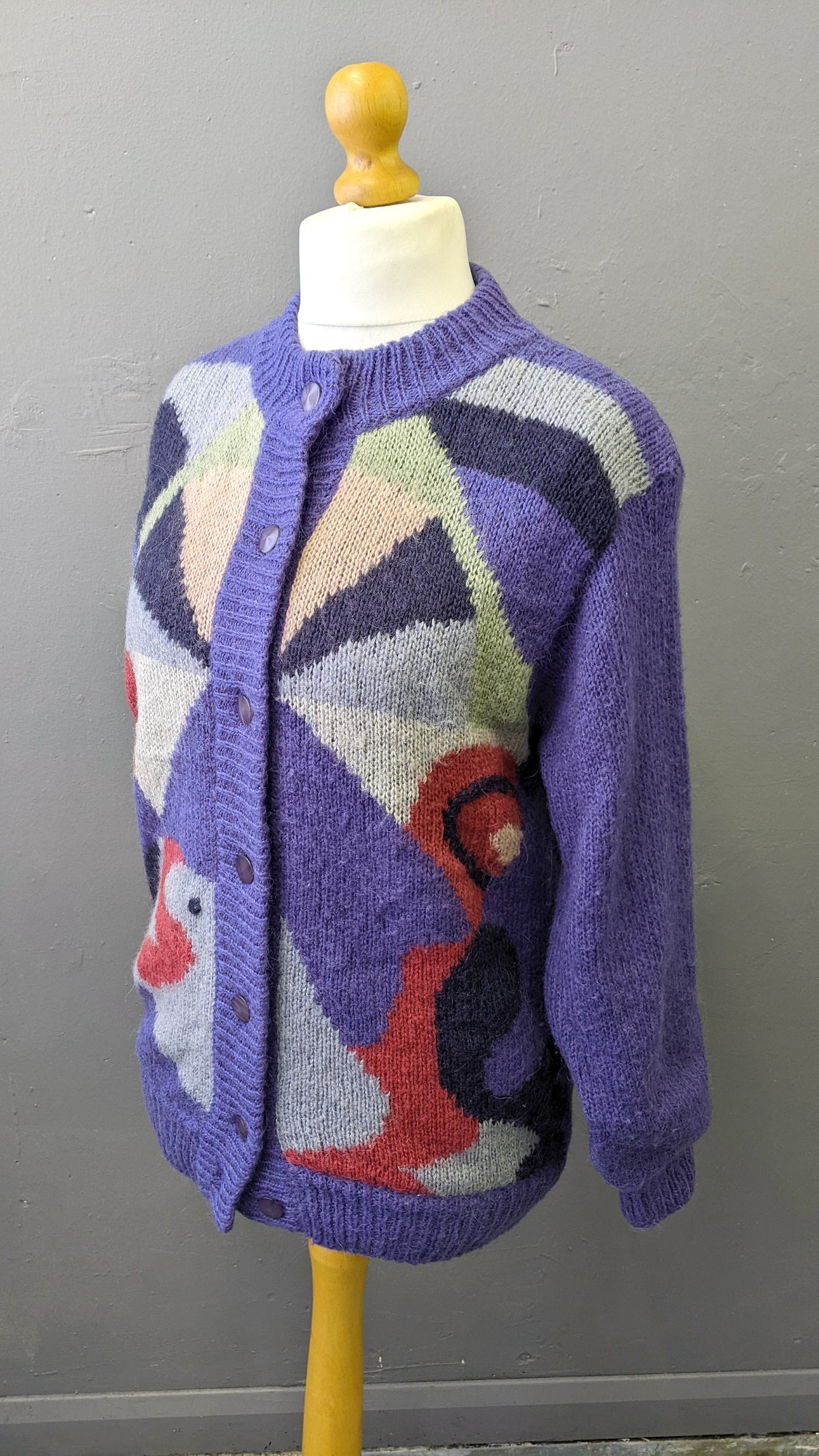 80s Colourful Purple Cardigan, Wool Blend Multicoloured Coatigan, Size Medium