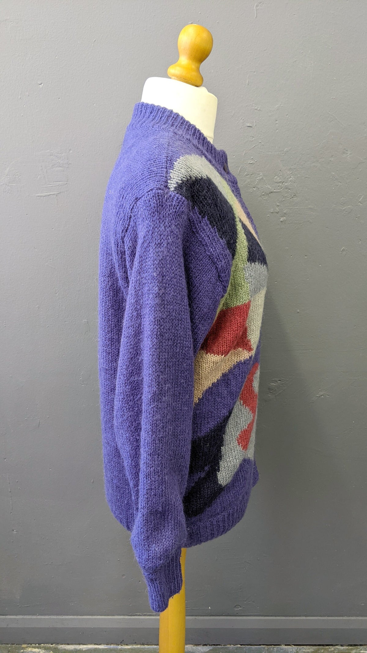80s Colourful Purple Cardigan, Wool Blend Multicoloured Coatigan, Size Medium