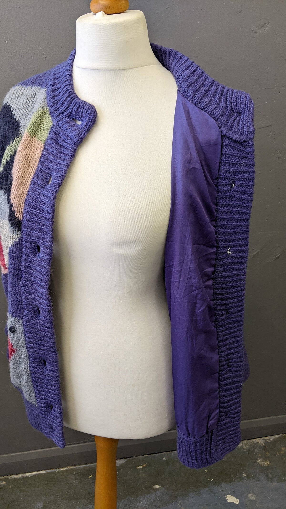 80s Colourful Purple Cardigan, Wool Blend Multicoloured Coatigan, Size Medium