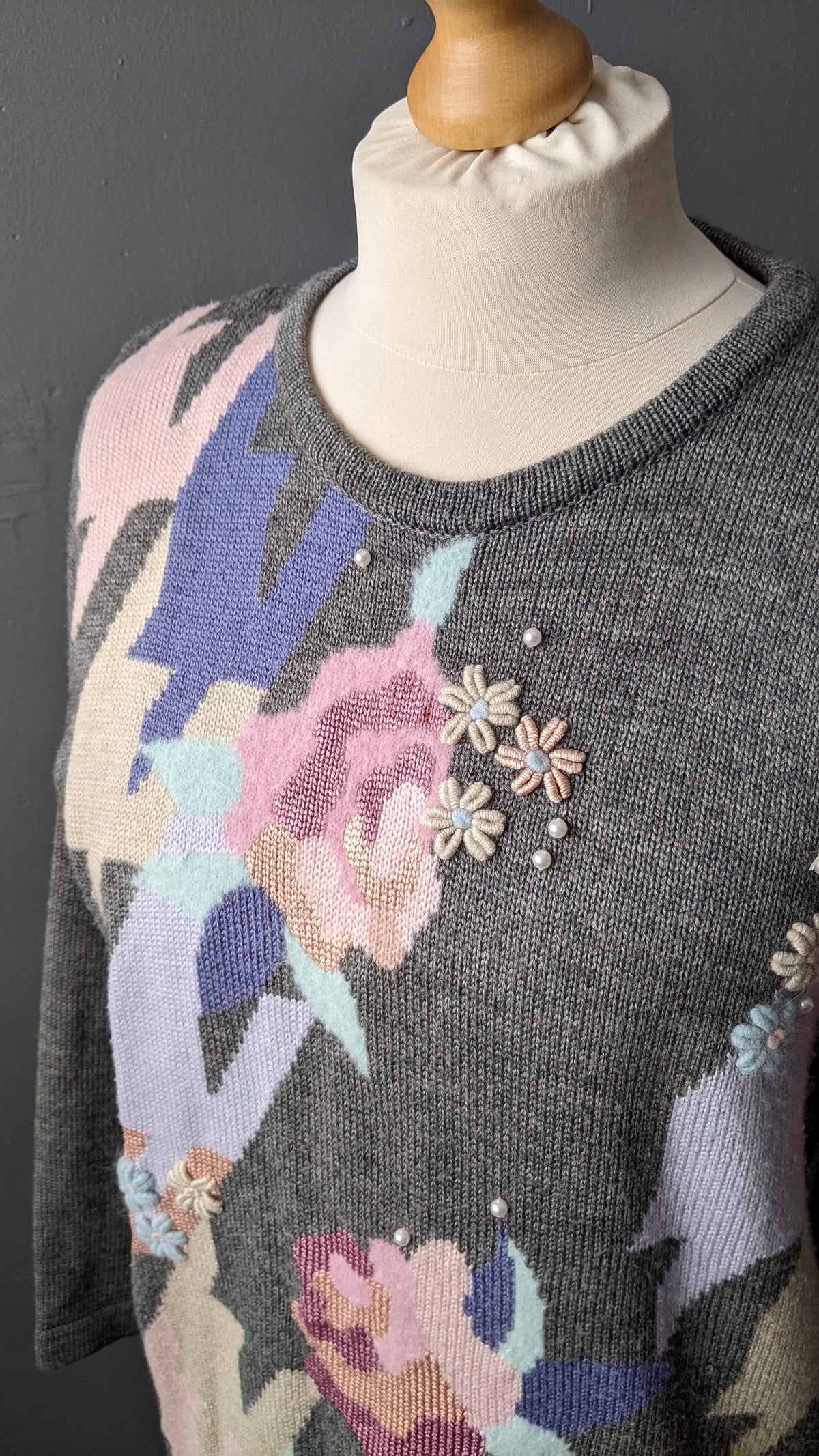 90s Sweater with Angora, Abstract Floral Houndstooth Jumper, Size Large XL