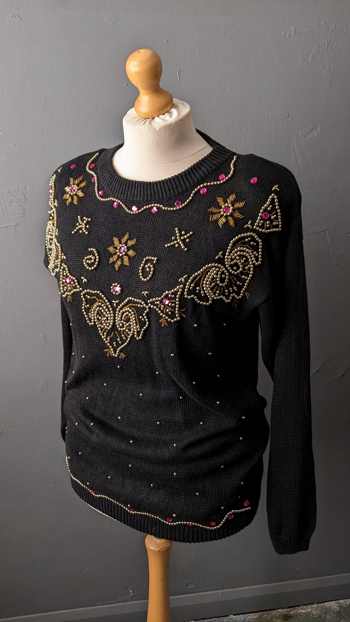 80s Embellished Gem Sweater by Sophie Teale, Kitsch Party Jumper, Size Medium Large