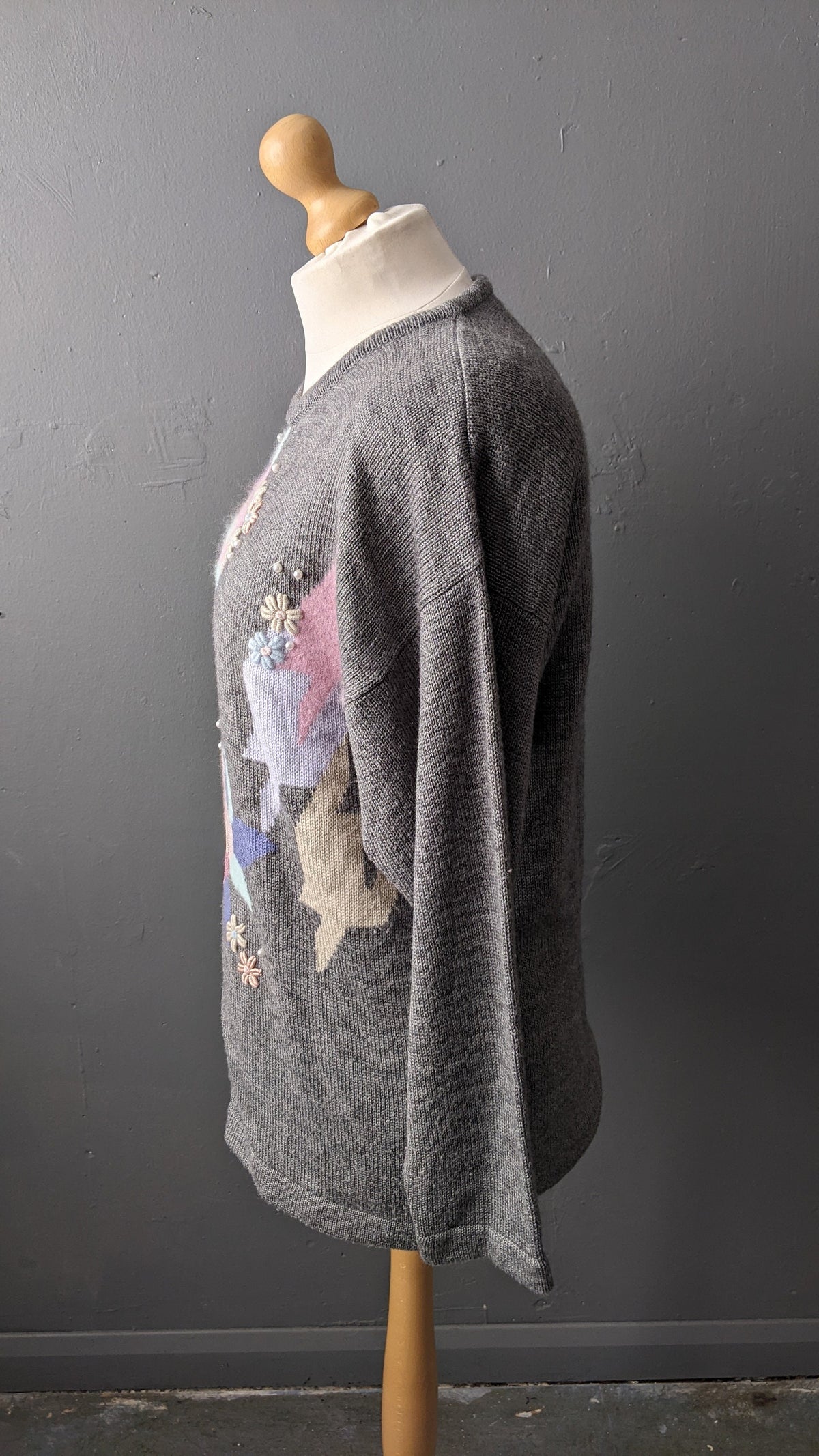 90s Sweater with Angora, Abstract Floral Houndstooth Jumper, Size Large XL