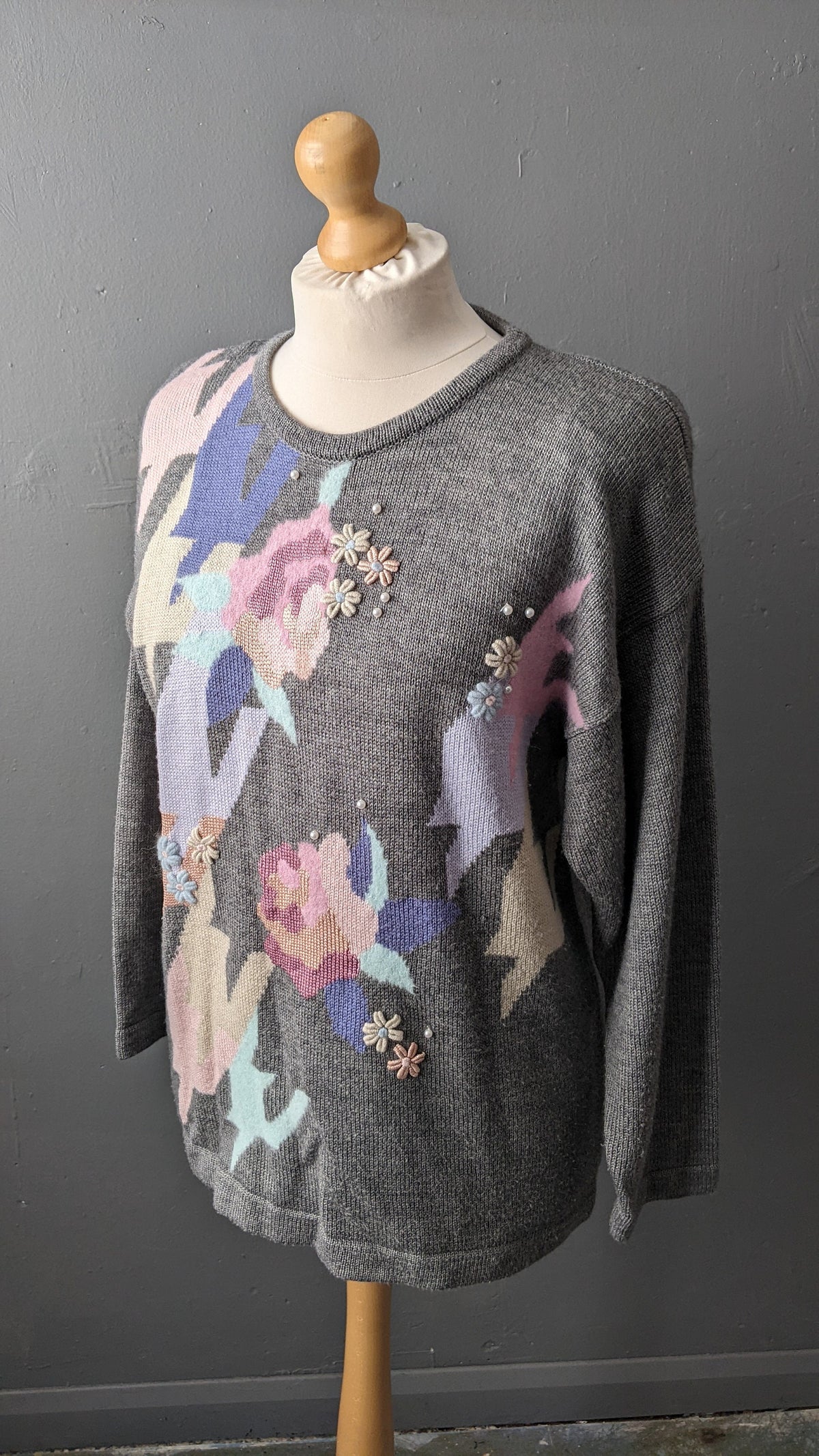 90s Sweater with Angora, Abstract Floral Houndstooth Jumper, Size Large XL