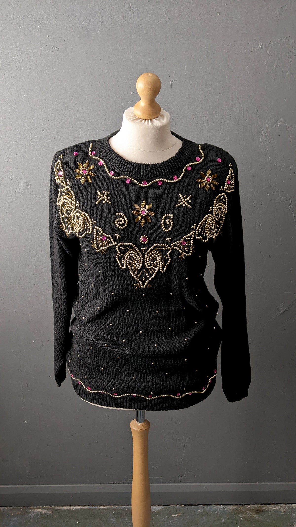 80s Embellished Gem Sweater by Sophie Teale, Kitsch Party Jumper, Size Medium Large