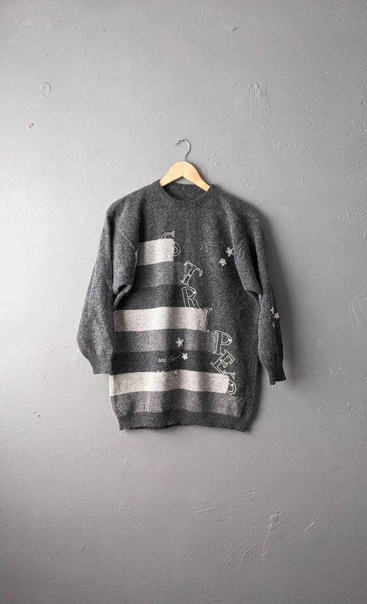 80s Stripes and Stars Novelty Sweater, Monochrome Wool Jumper, Size Large