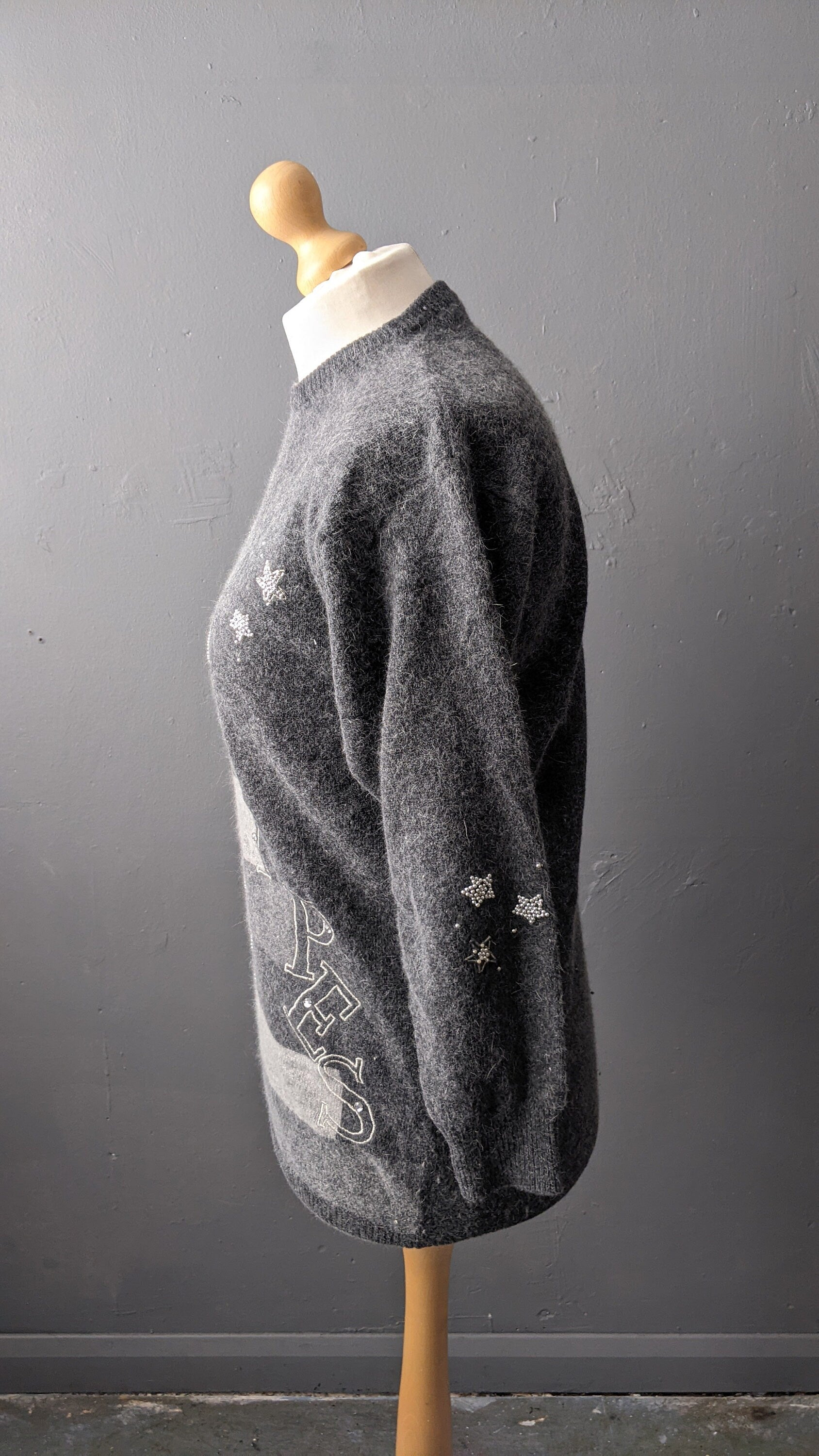 80s Stripes and Stars Novelty Sweater, Monochrome Wool Jumper, Size Large