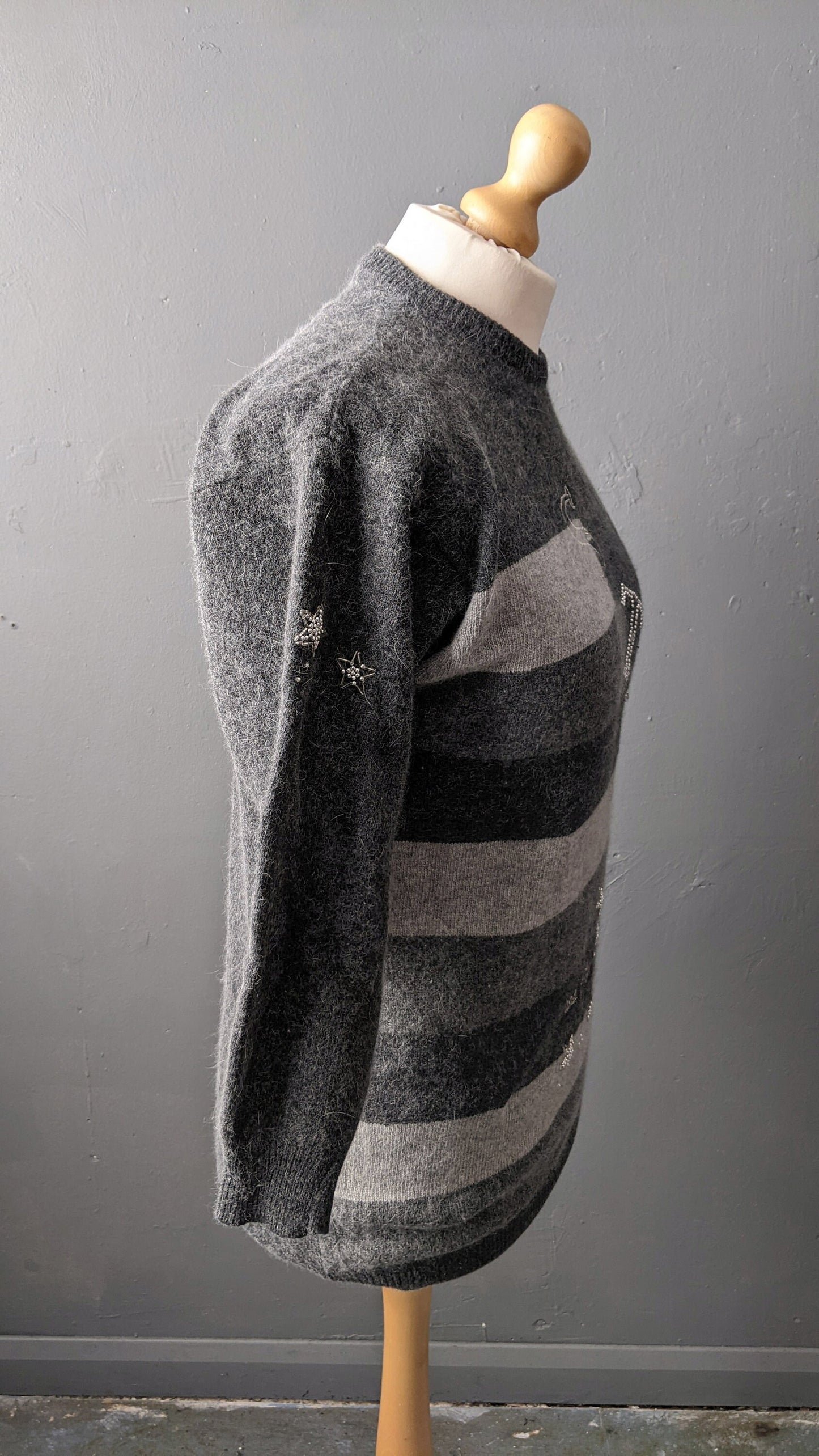 80s Stripes and Stars Novelty Sweater, Monochrome Wool Jumper, Size Large