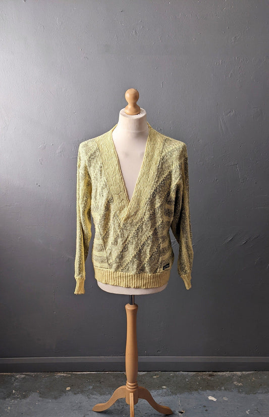 80s Carlo Colucci Jumper, Lemon Yellow Cotton V Neck Pullover, 48 Chest