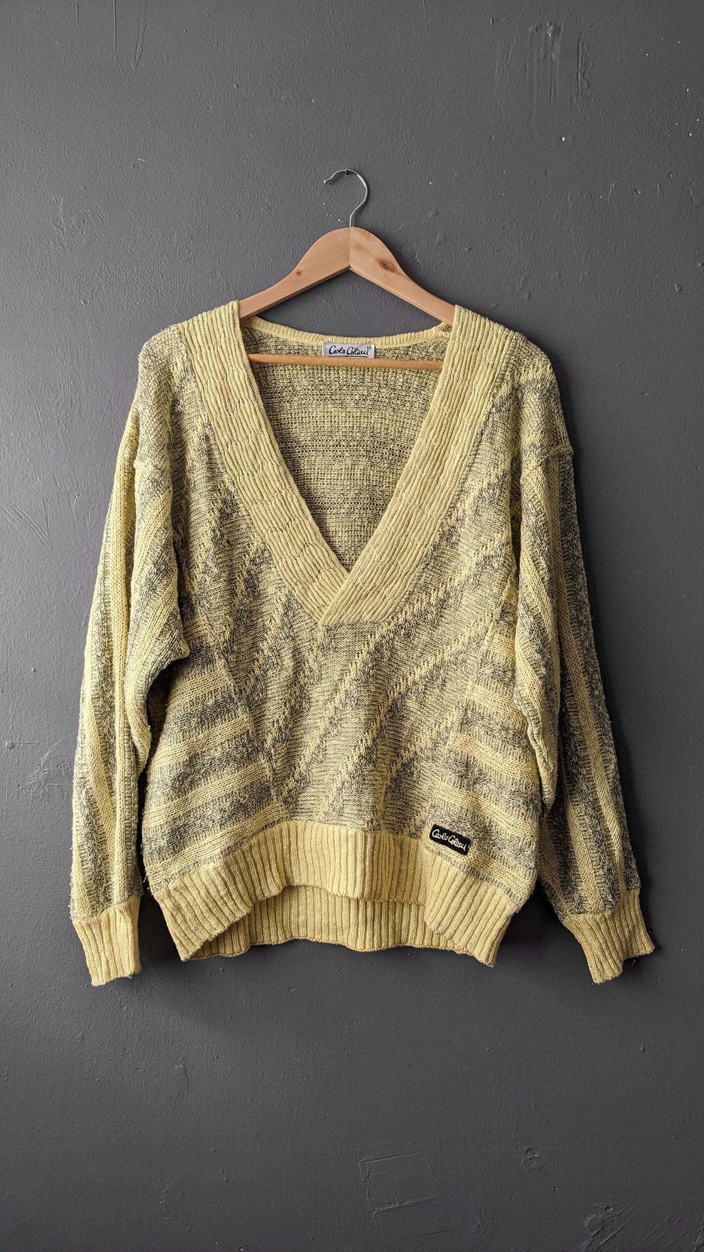 80s Carlo Colucci Jumper, Lemon Yellow Cotton V Neck Pullover, 48 Chest