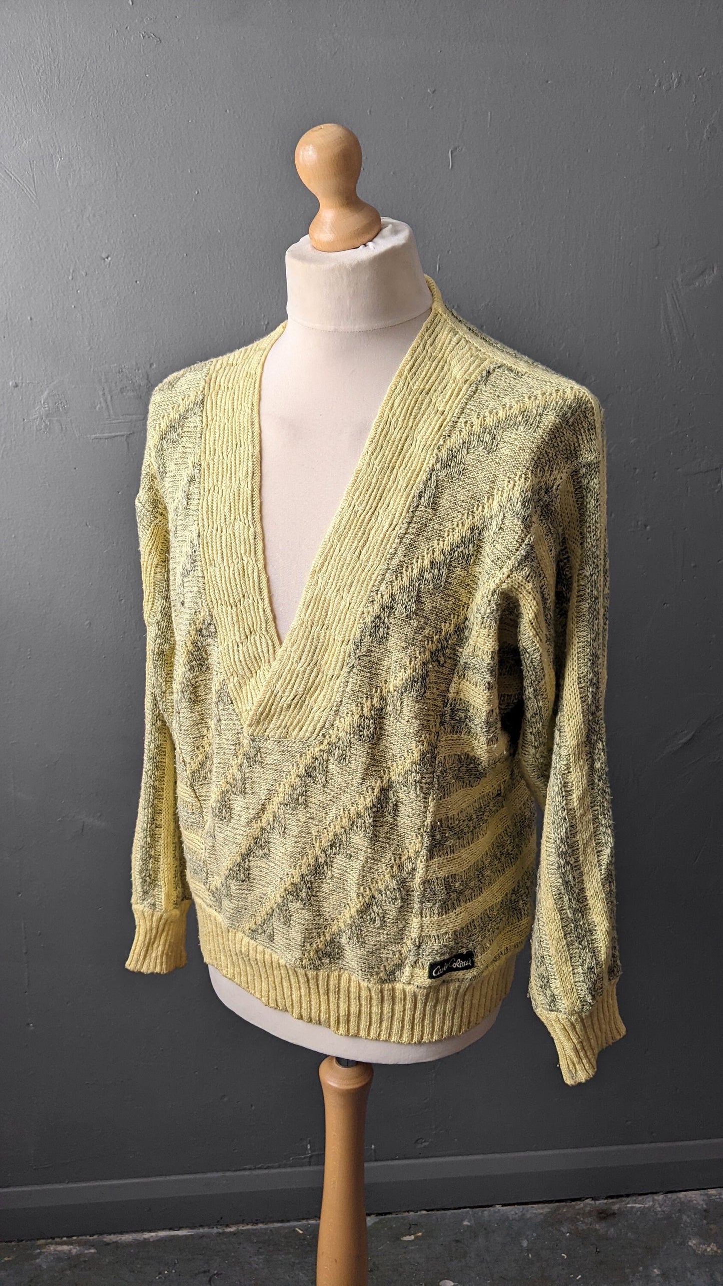80s Carlo Colucci Jumper, Lemon Yellow Cotton V Neck Pullover, 48 Chest