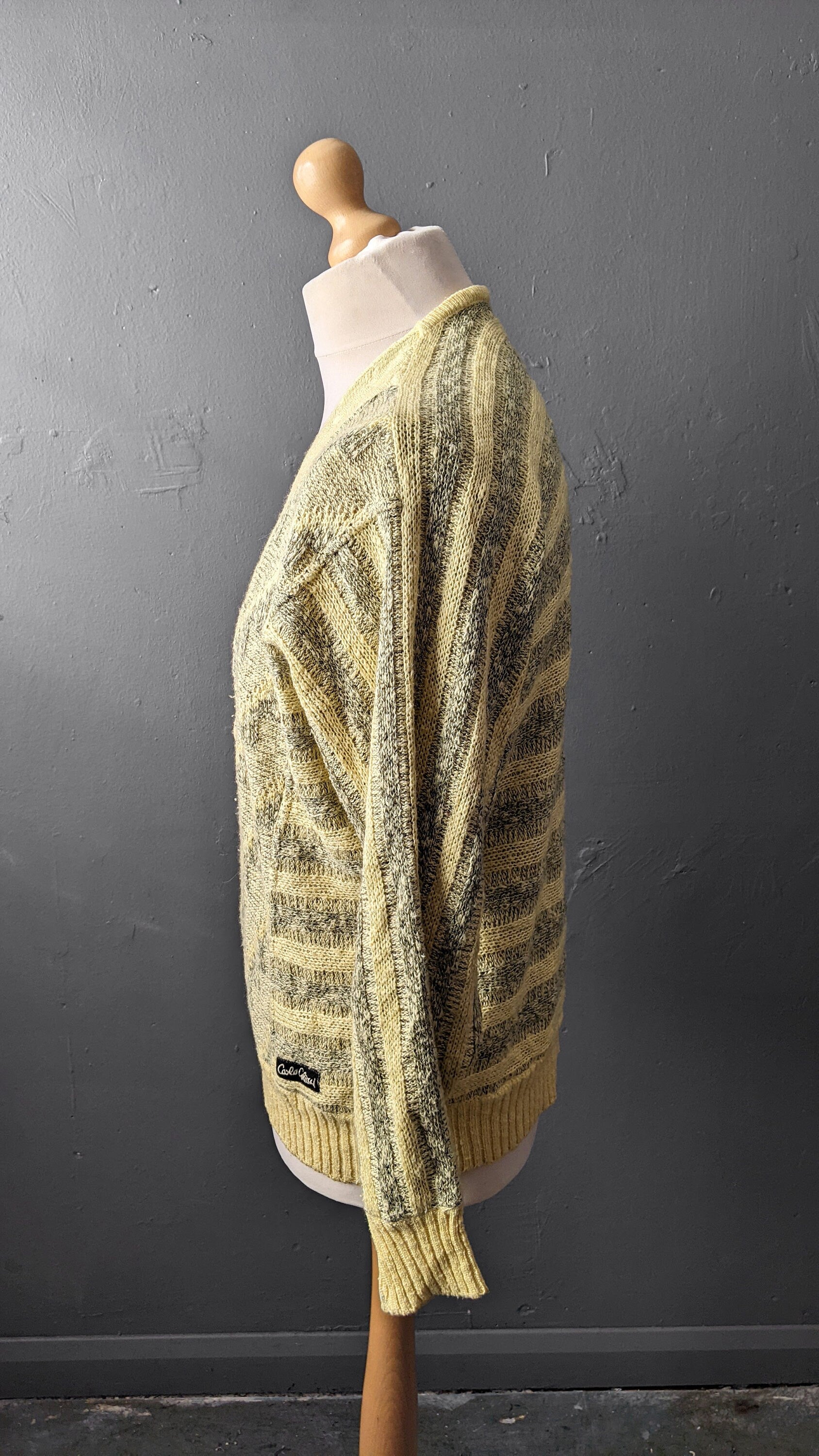 80s Carlo Colucci Jumper, Lemon Yellow Cotton V Neck Pullover, 48 Chest