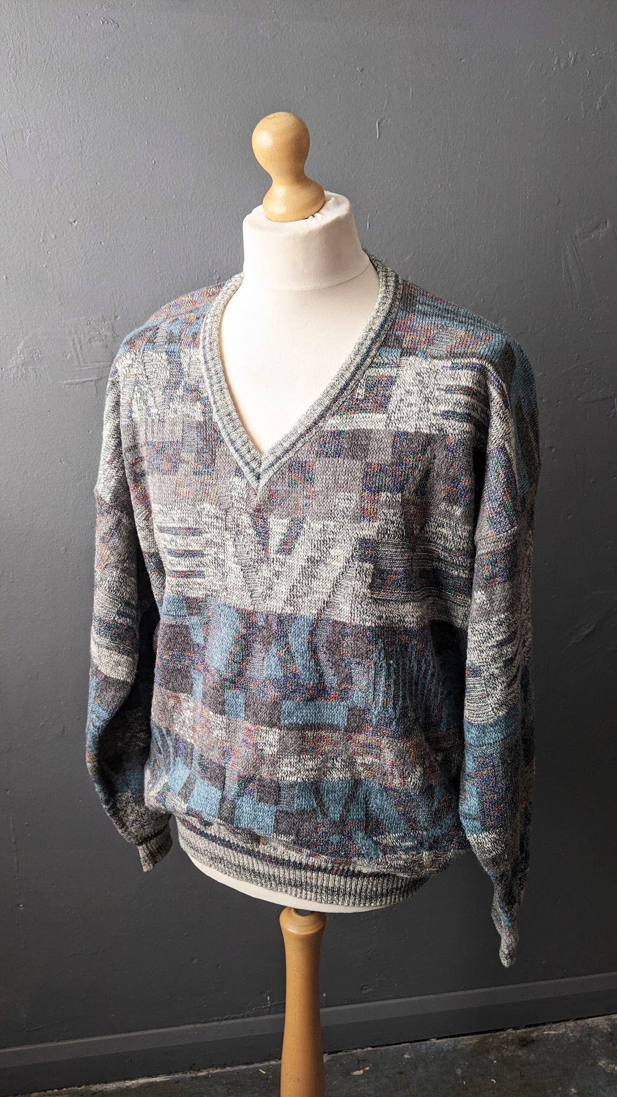 Mens 80s V Neck Jumper by Coletti Studio, Wool Blend Knit Pullover, 54 Chest