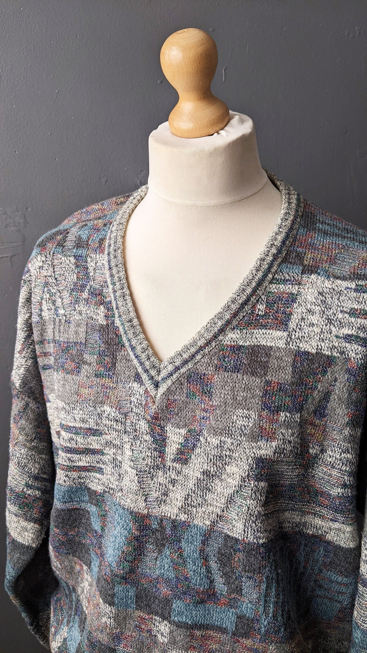 Mens 80s V Neck Jumper by Coletti Studio, Wool Blend Knit Pullover, 54 Chest