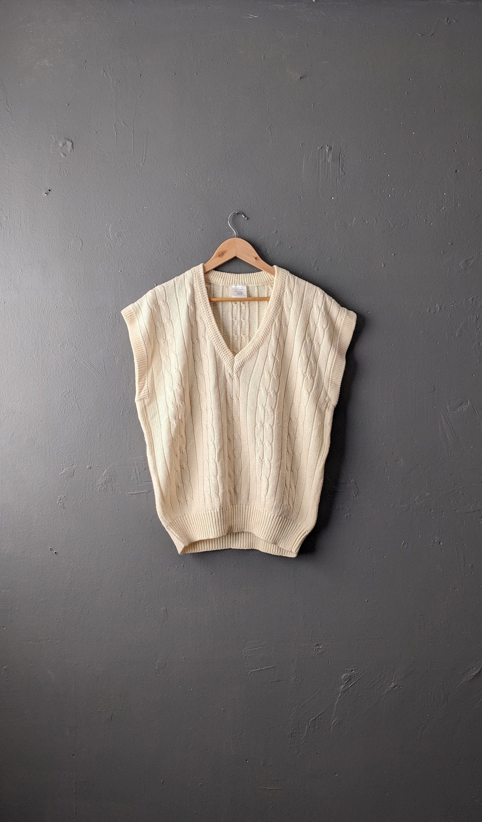 Mens 80s Cream Tank Top, Cable Knit Vest, 46 Chest