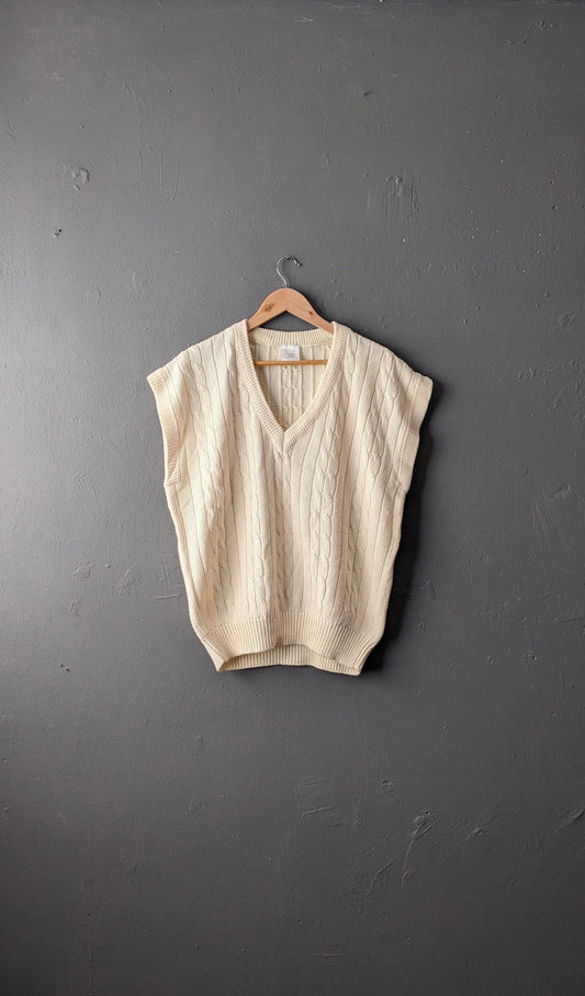 Mens 80s Cream Tank Top, Cable Knit Vest, 46 Chest