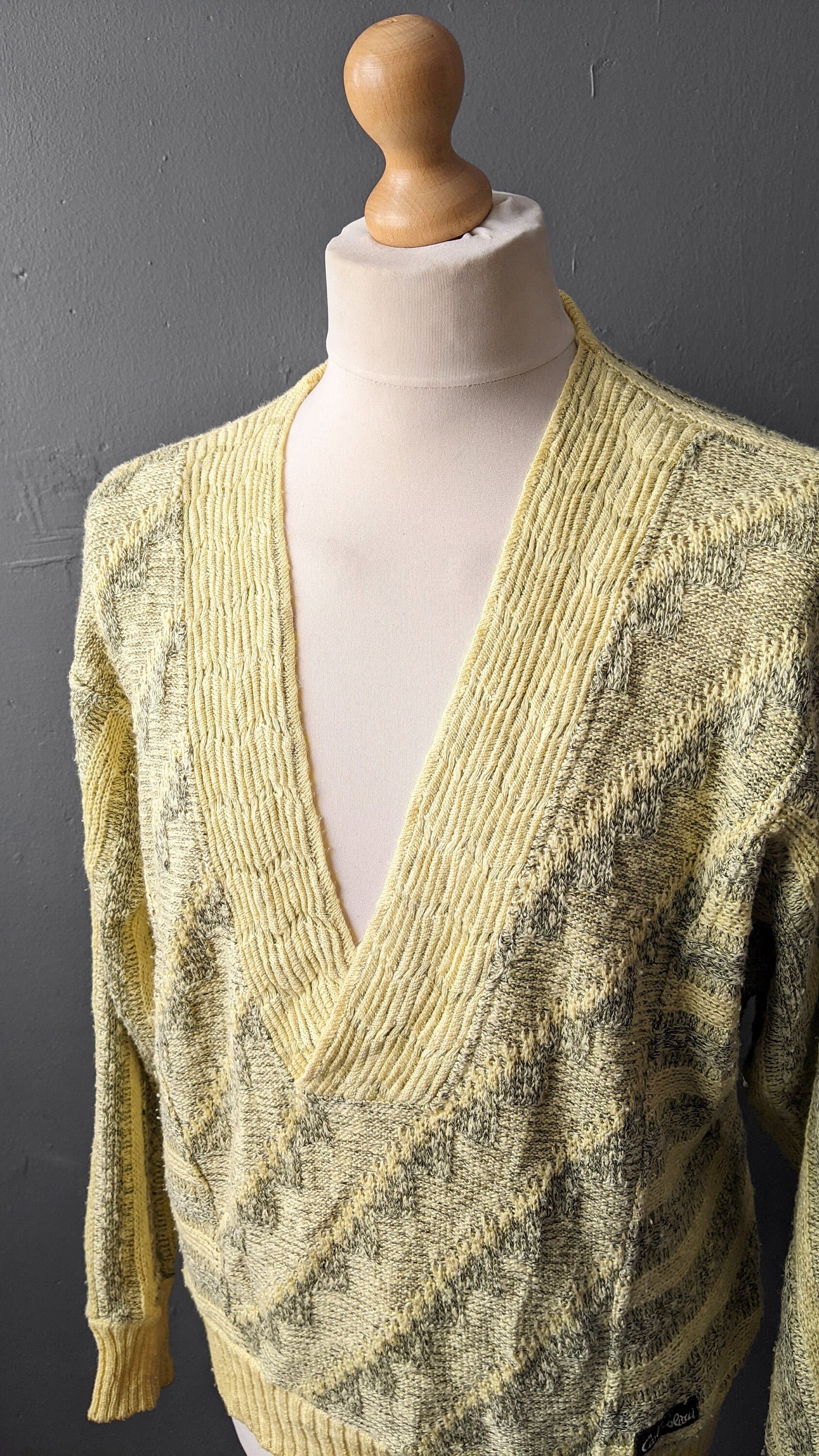 80s Carlo Colucci Jumper, Lemon Yellow Cotton V Neck Pullover, 48 Chest