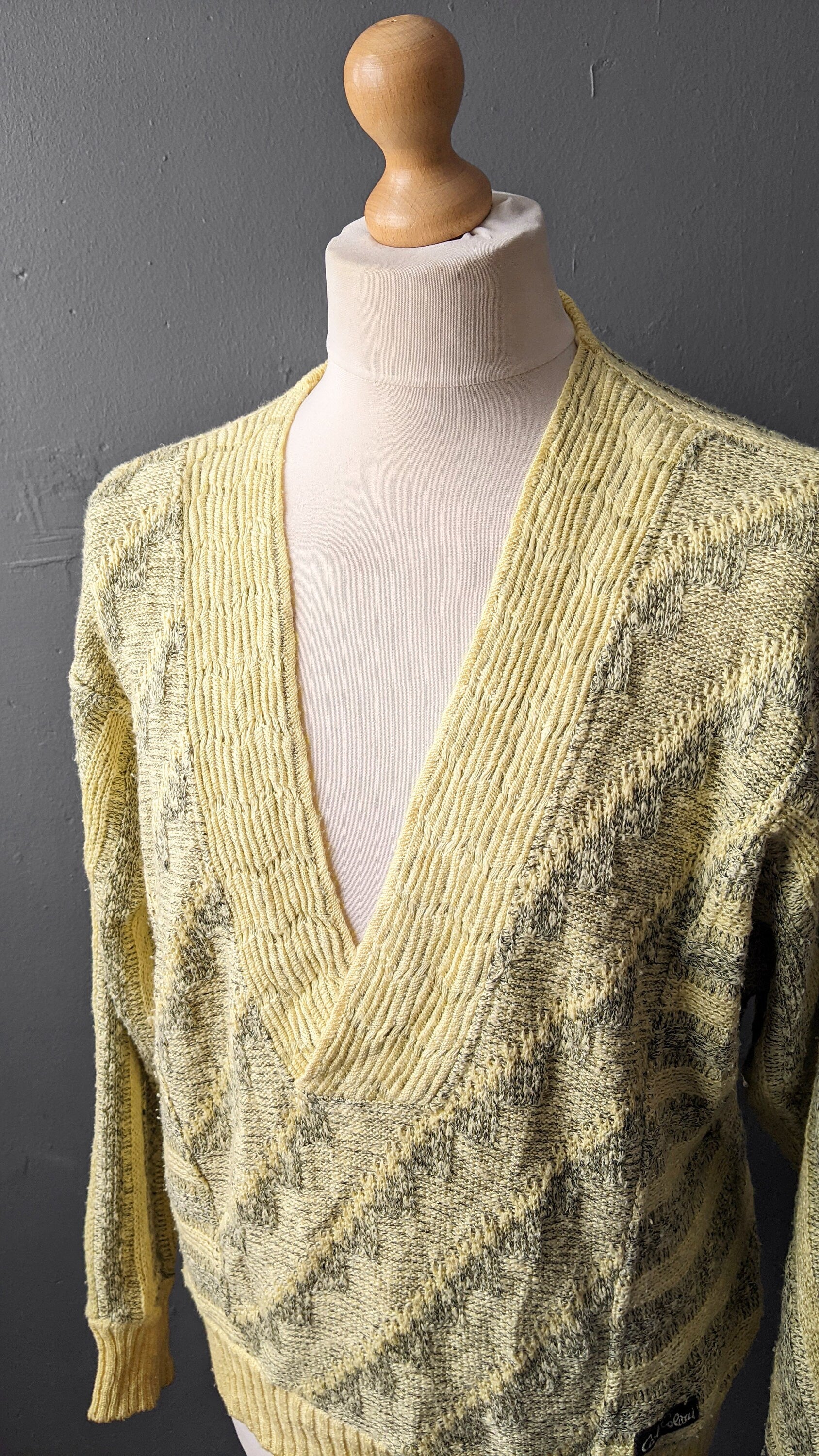 80s Carlo Colucci Jumper, Lemon Yellow Cotton V Neck Pullover, 48 Chest