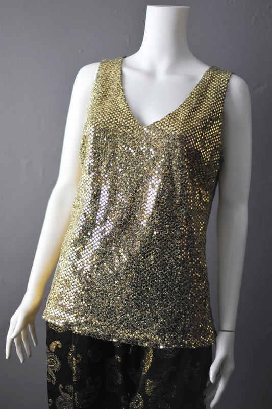 Gold Sequin Tank Vest, Sparkly Sleeveless Party Top, Size Small