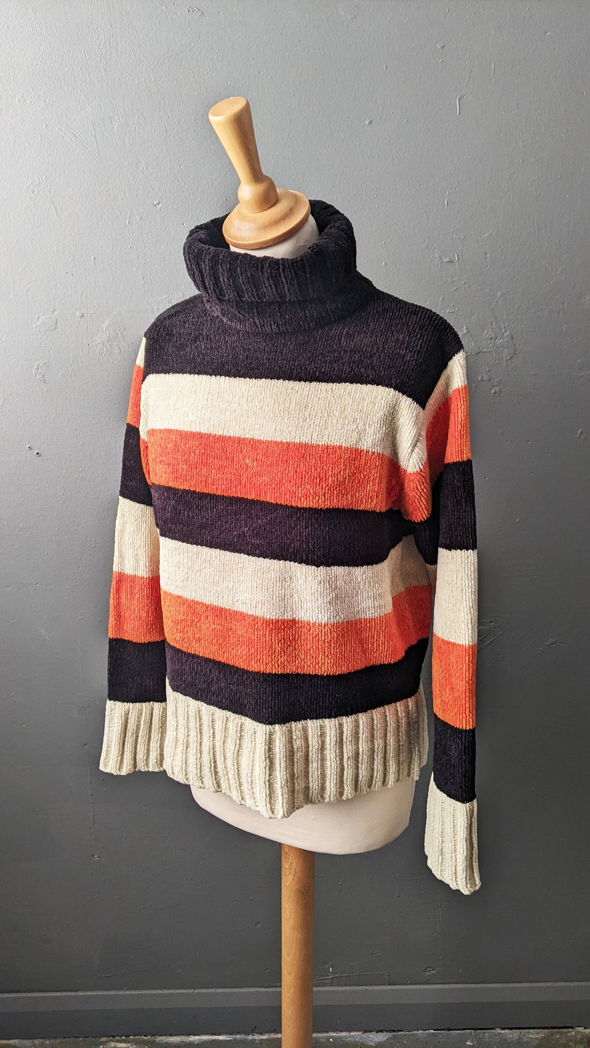 90s Autumnal Stripes Chenille Knit Jumper, Vegan High Neck Knitwear, Size Large