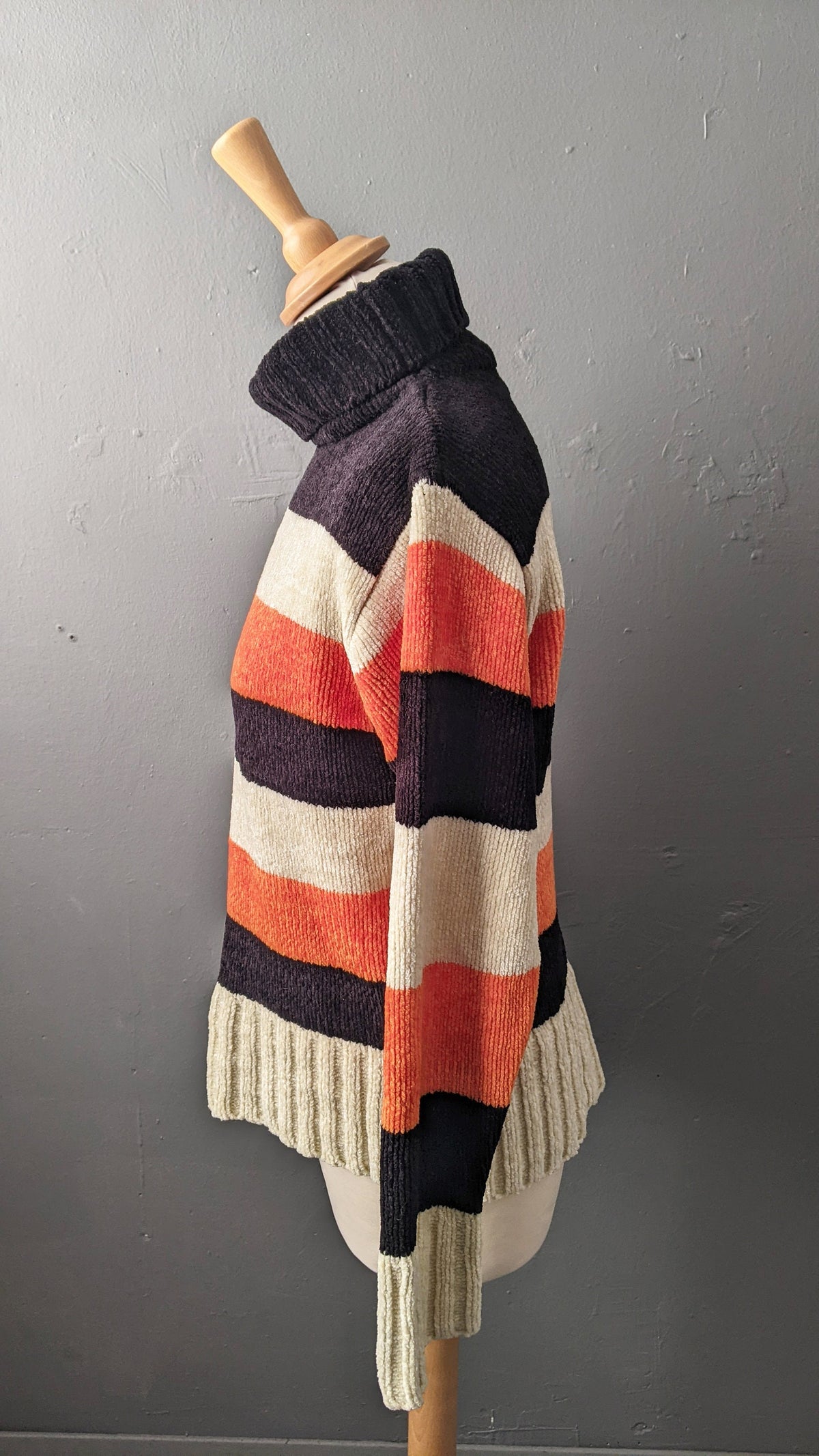 90s Autumnal Stripes Chenille Knit Jumper, Vegan High Neck Knitwear, Size Large
