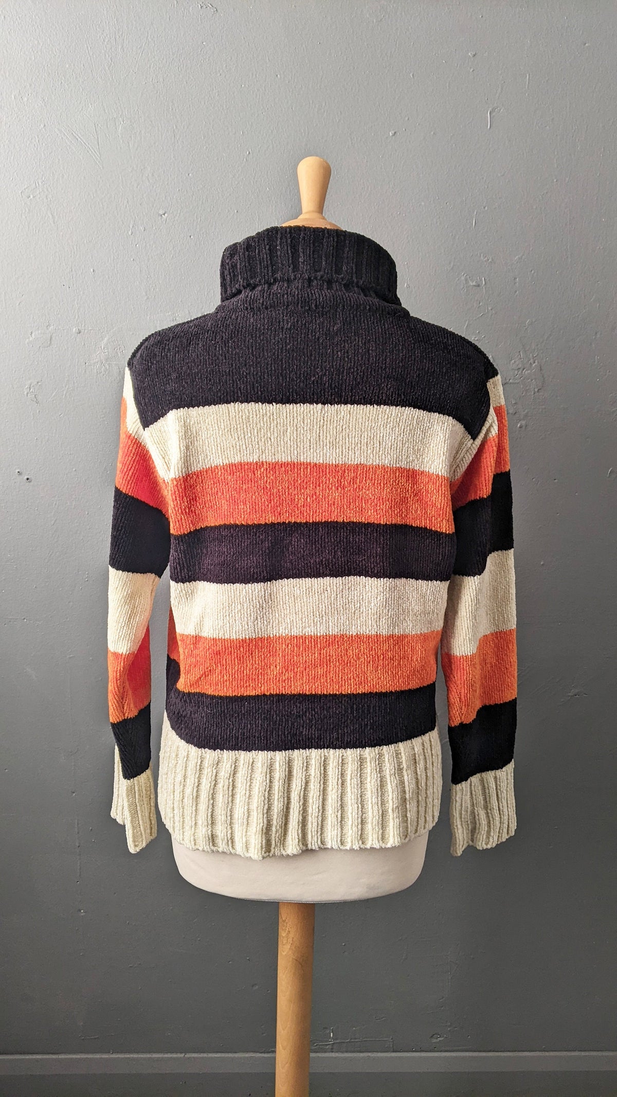 90s Autumnal Stripes Chenille Knit Jumper, Vegan High Neck Knitwear, Size Large