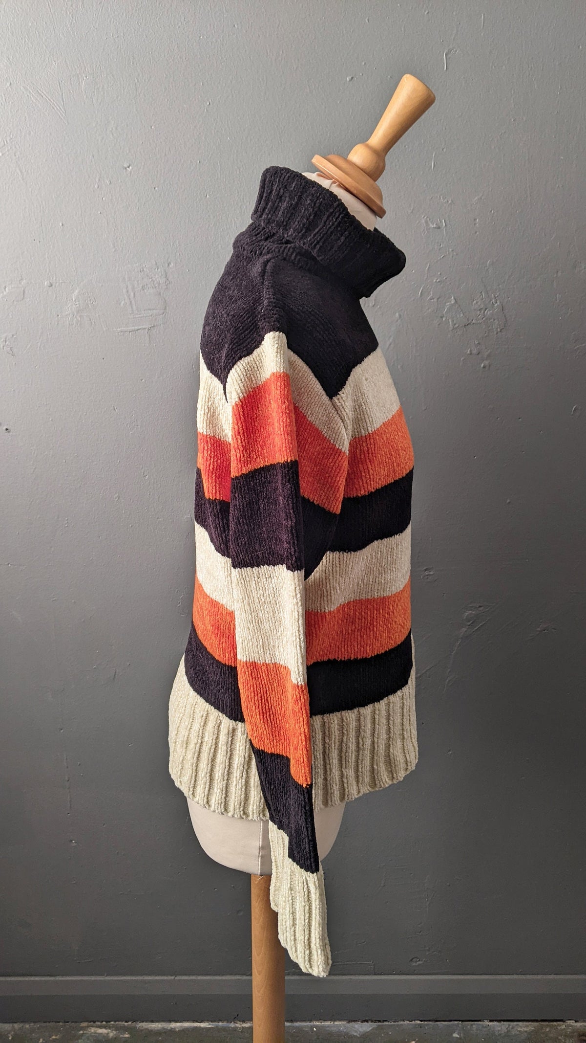 90s Autumnal Stripes Chenille Knit Jumper, Vegan High Neck Knitwear, Size Large