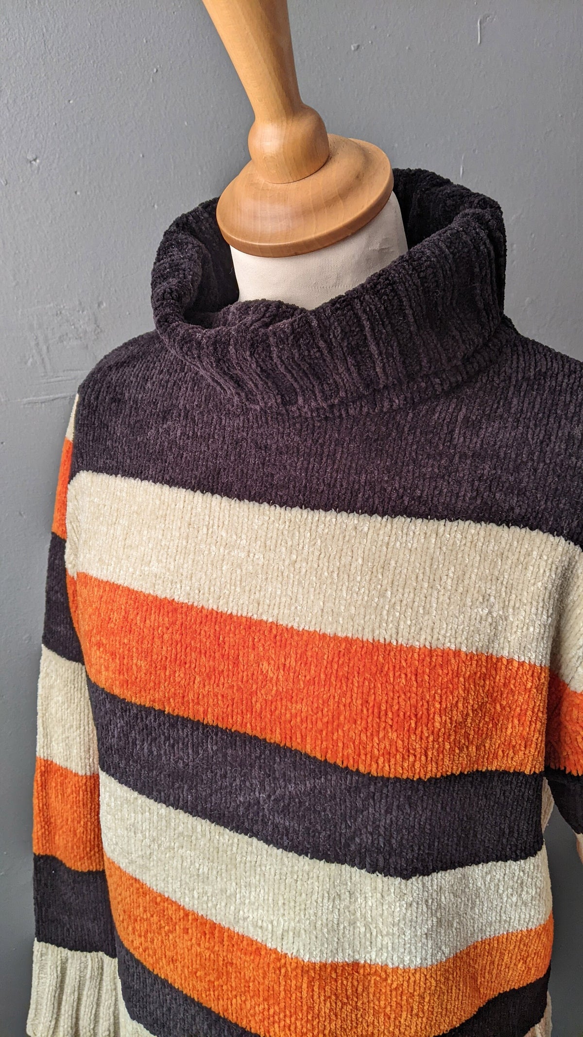 90s Autumnal Stripes Chenille Knit Jumper, Vegan High Neck Knitwear, Size Large