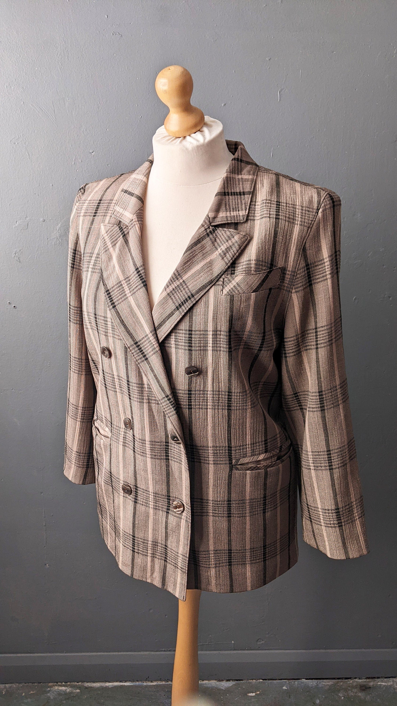 80s Rose Check Jacket by Ressmann, Boxy Dress Blazer, Size Medium Large