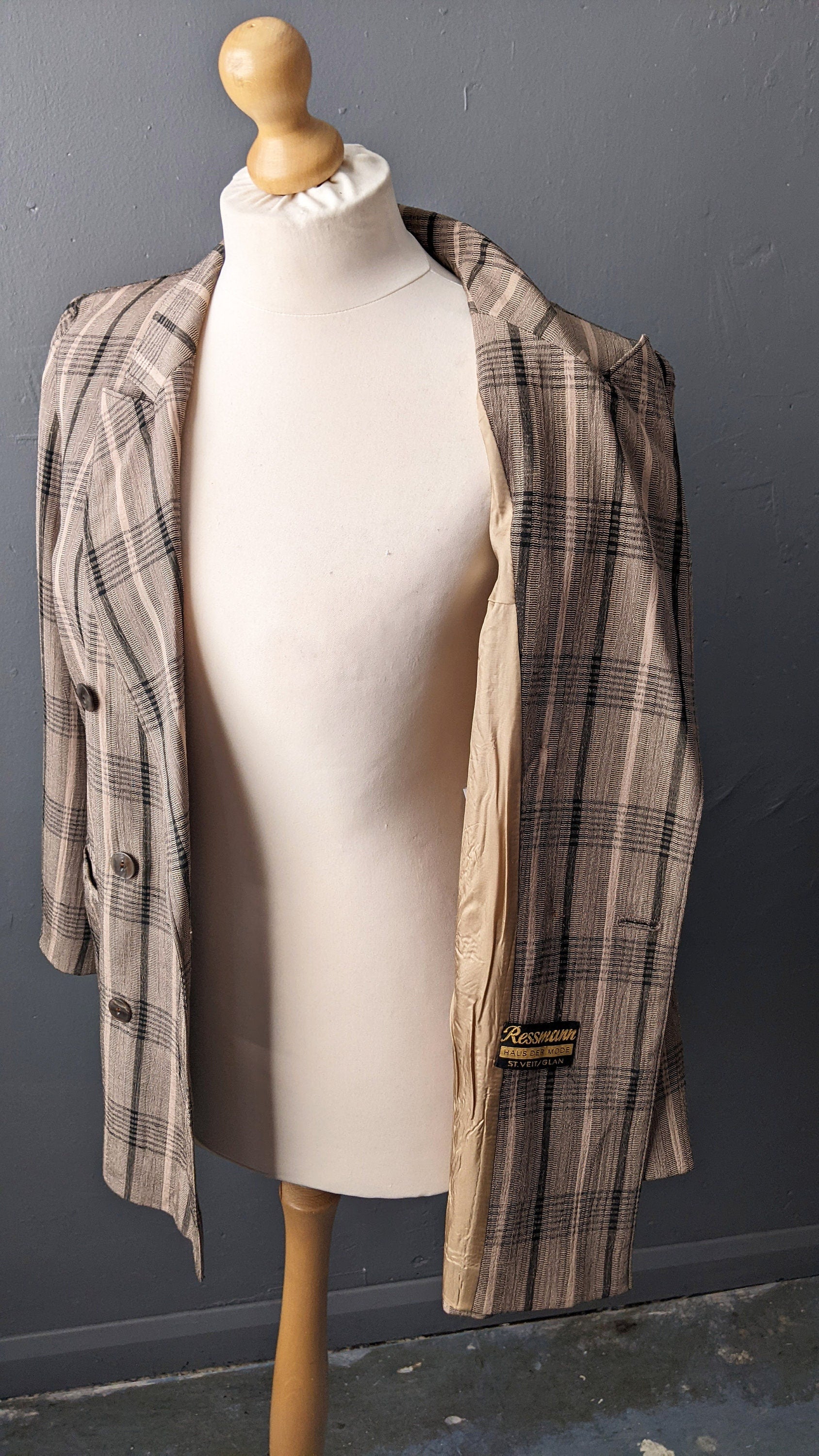 80s Rose Check Jacket by Ressmann, Boxy Dress Blazer, Size Medium Large