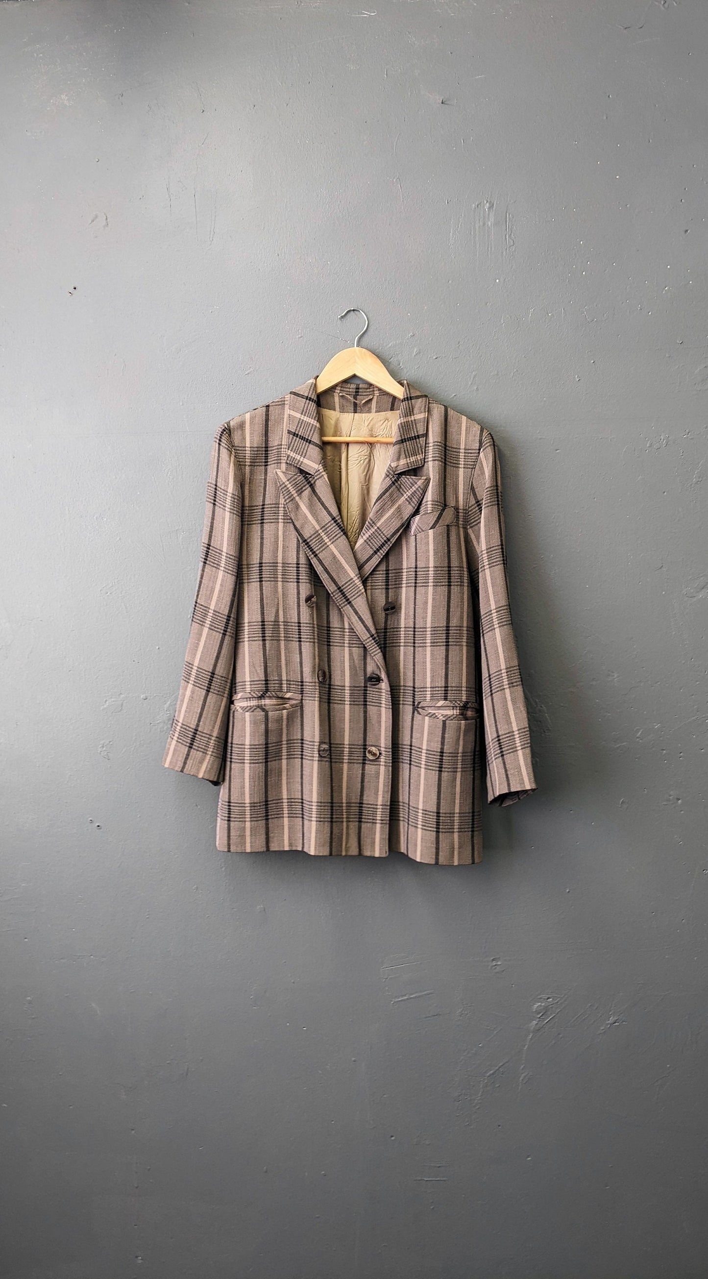 80s Rose Check Jacket by Ressmann, Boxy Dress Blazer, Size Medium Large