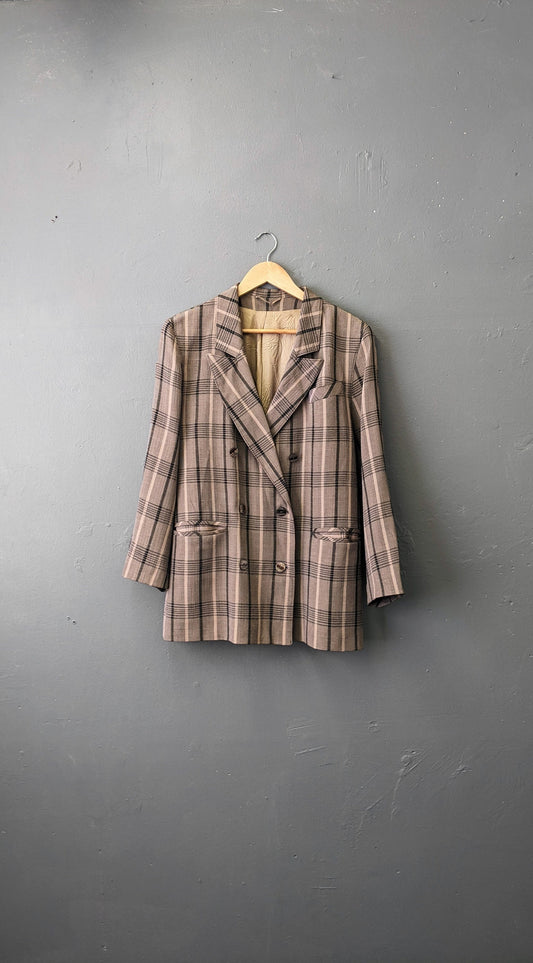 80s Rose Check Jacket by Ressmann, Boxy Dress Blazer, Size Medium Large