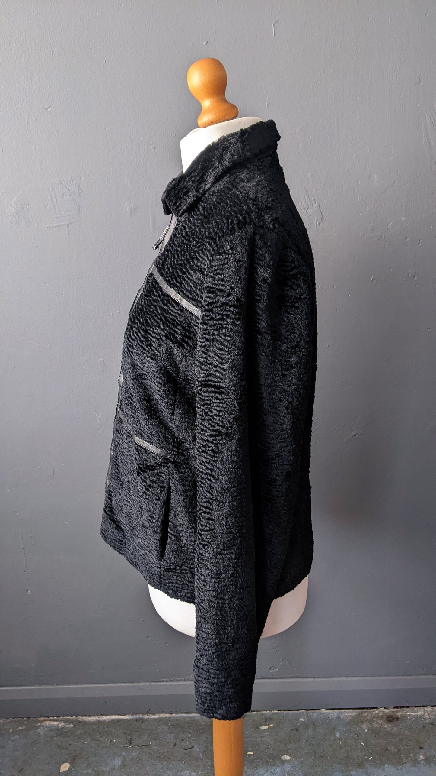 90s Faux Astrakhan Jacket, Vegan Fur Coat, Size Medium