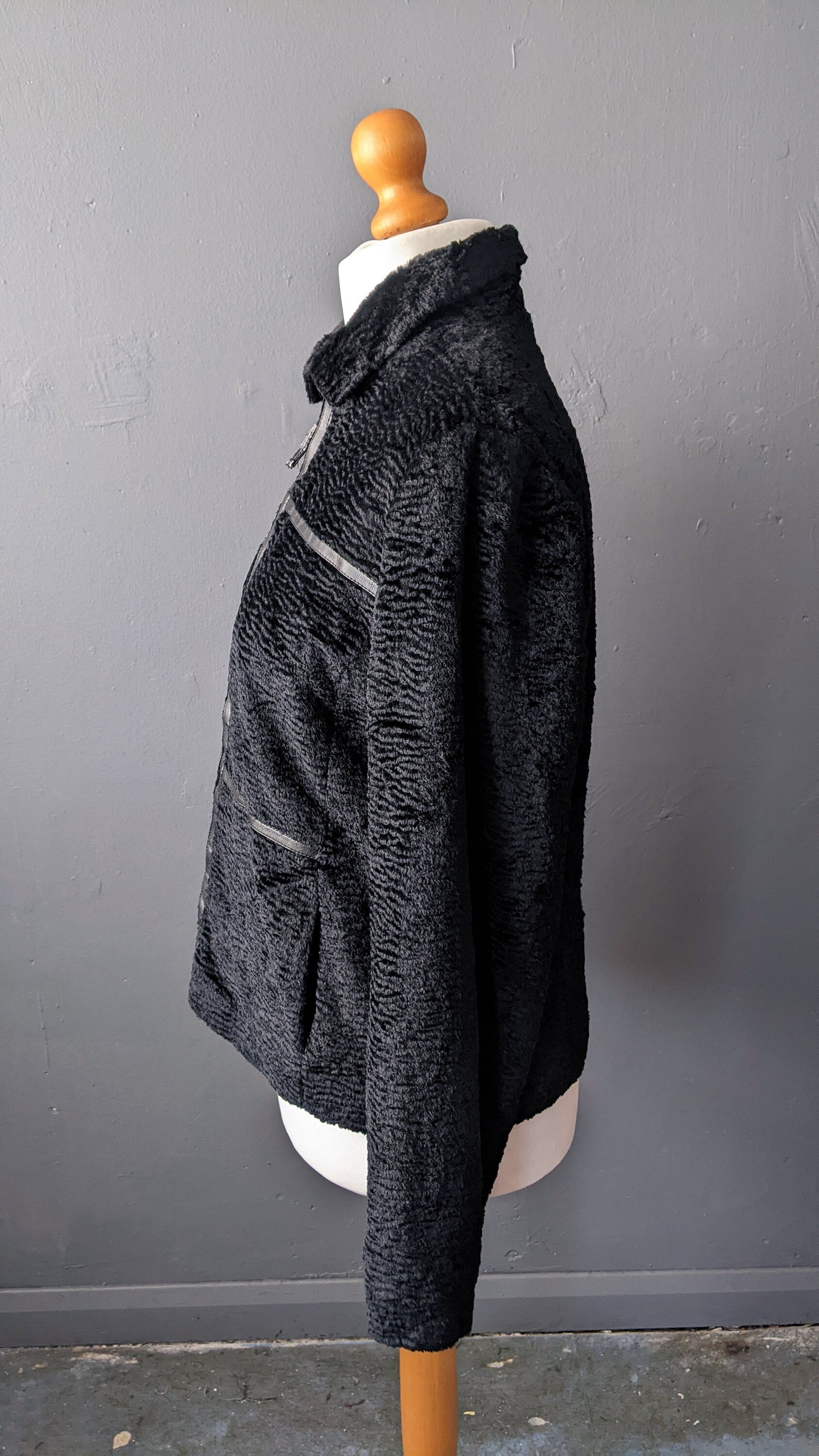 90s Faux Astrakhan Jacket, Vegan Fur Coat, Size Medium