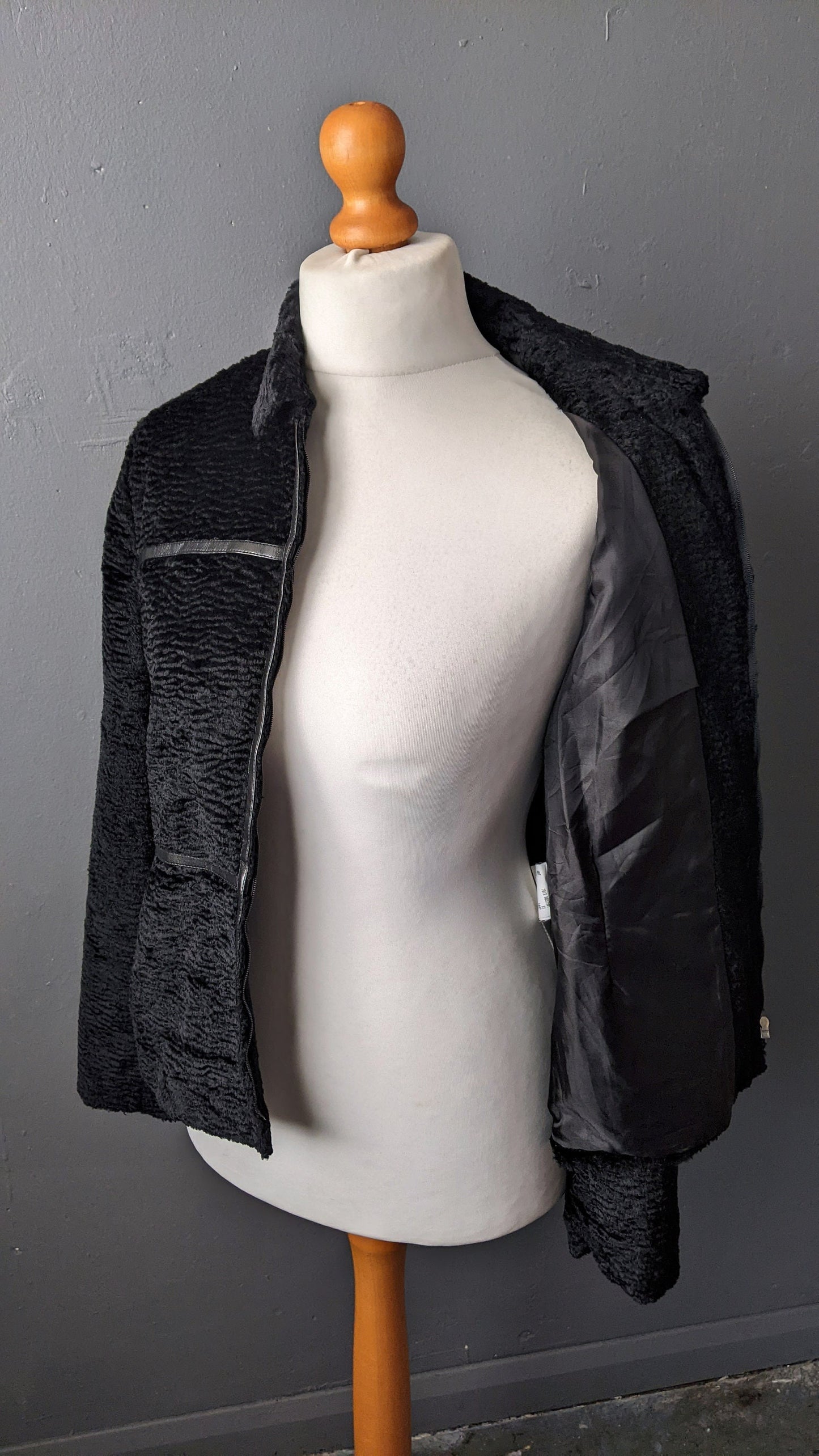 90s Faux Astrakhan Jacket, Vegan Fur Coat, Size Medium