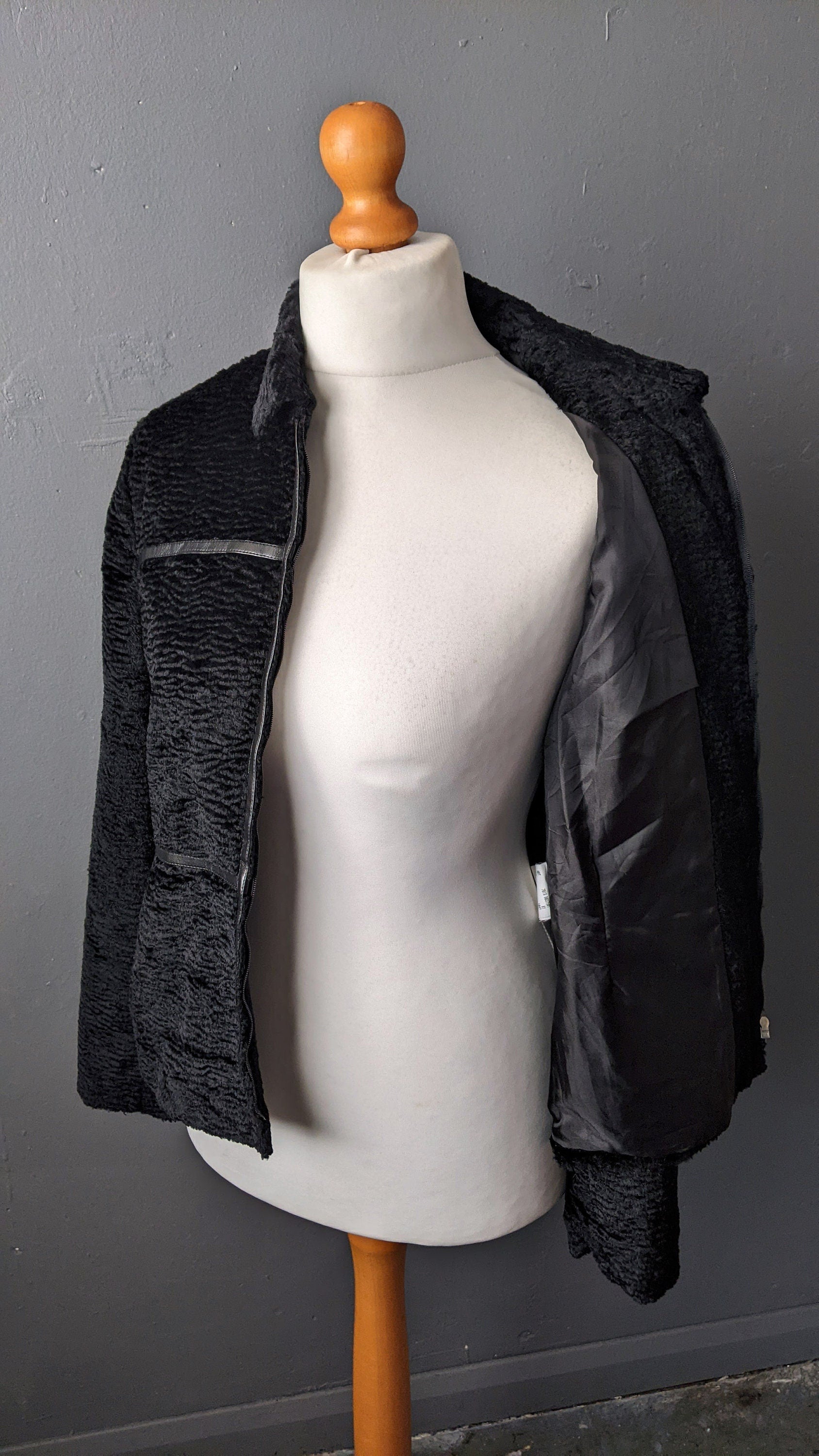 90s Faux Astrakhan Jacket, Vegan Fur Coat, Size Medium