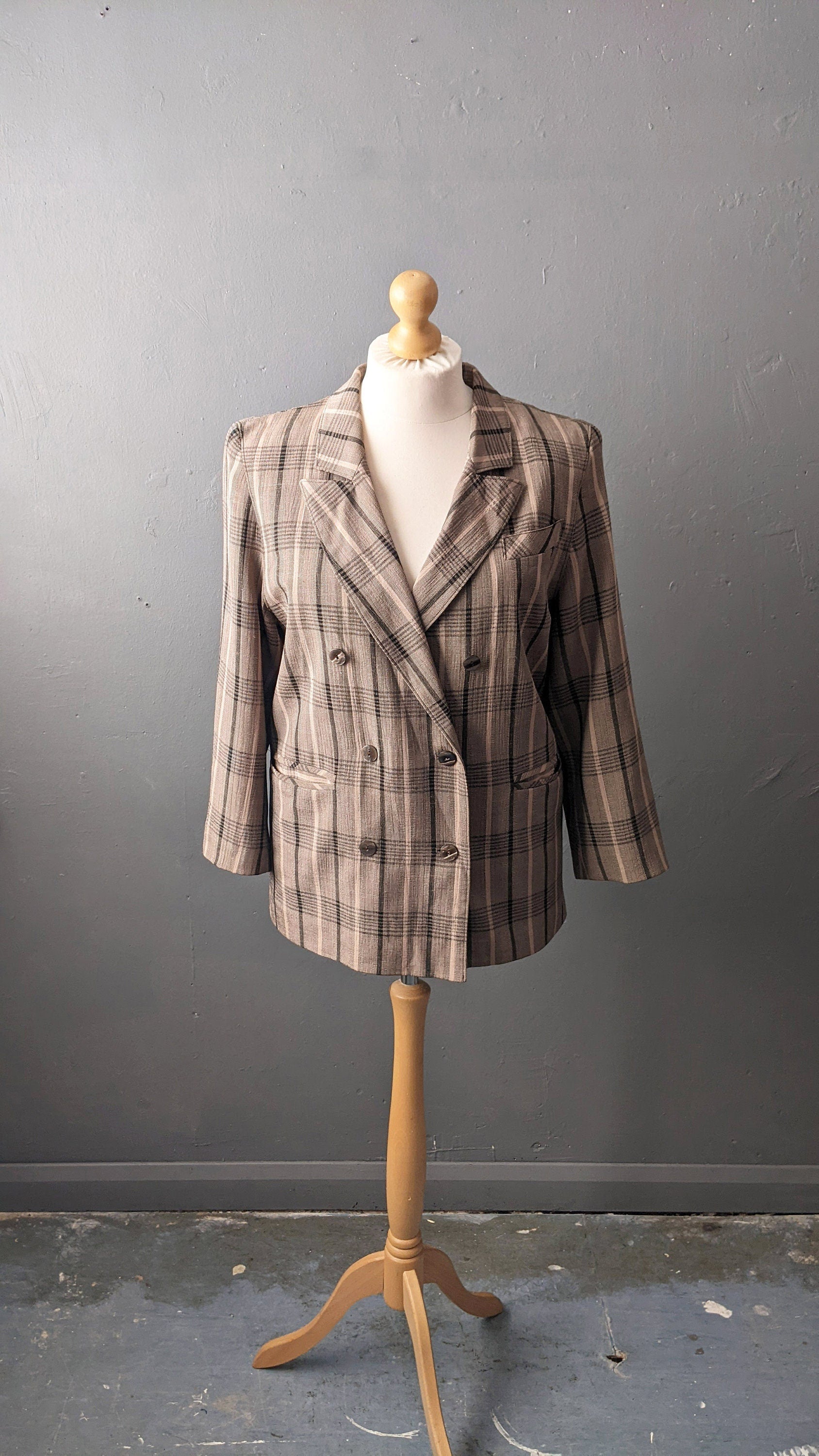 80s Rose Check Jacket by Ressmann, Boxy Dress Blazer, Size Medium Large
