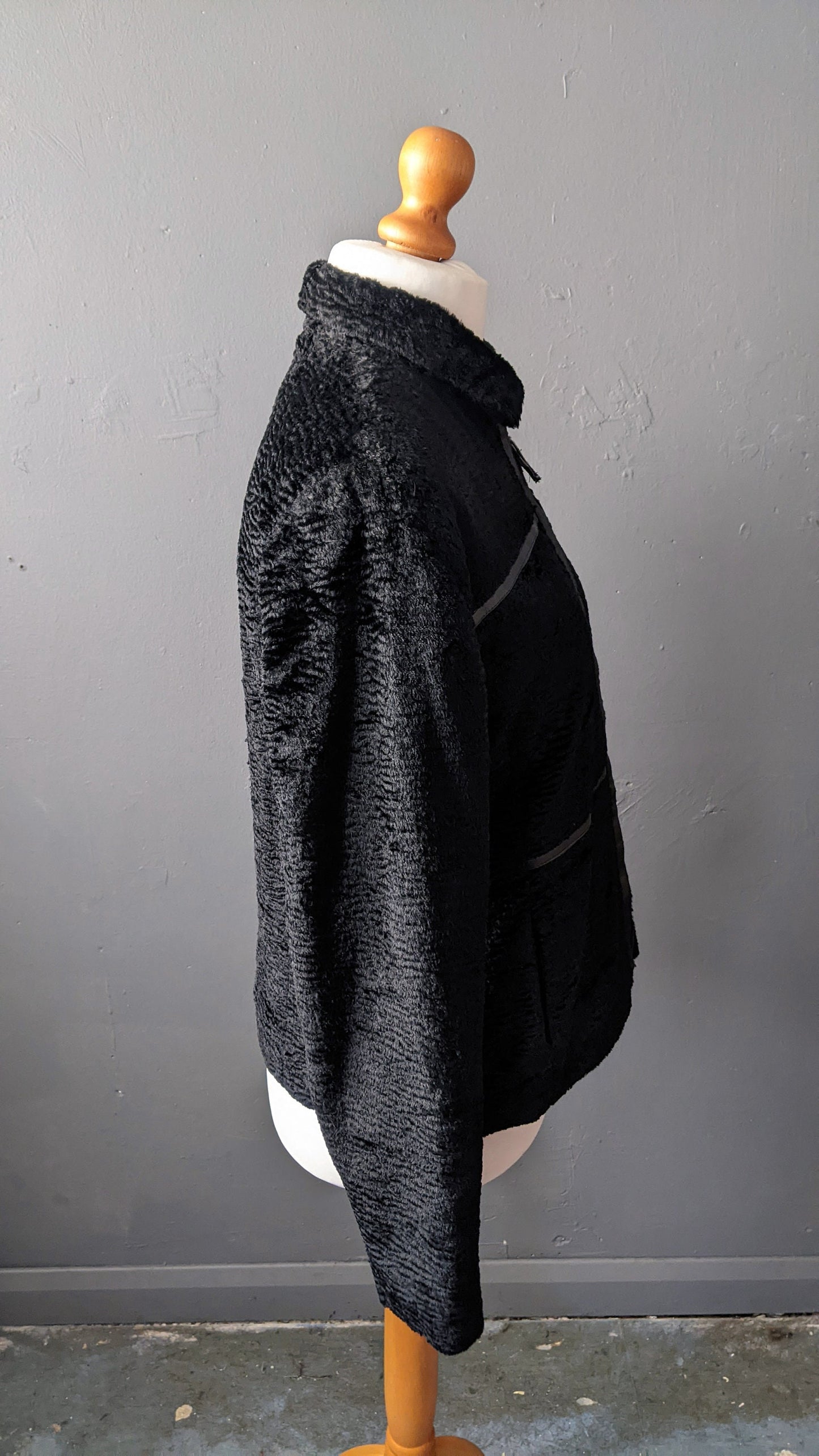 90s Faux Astrakhan Jacket, Vegan Fur Coat, Size Medium
