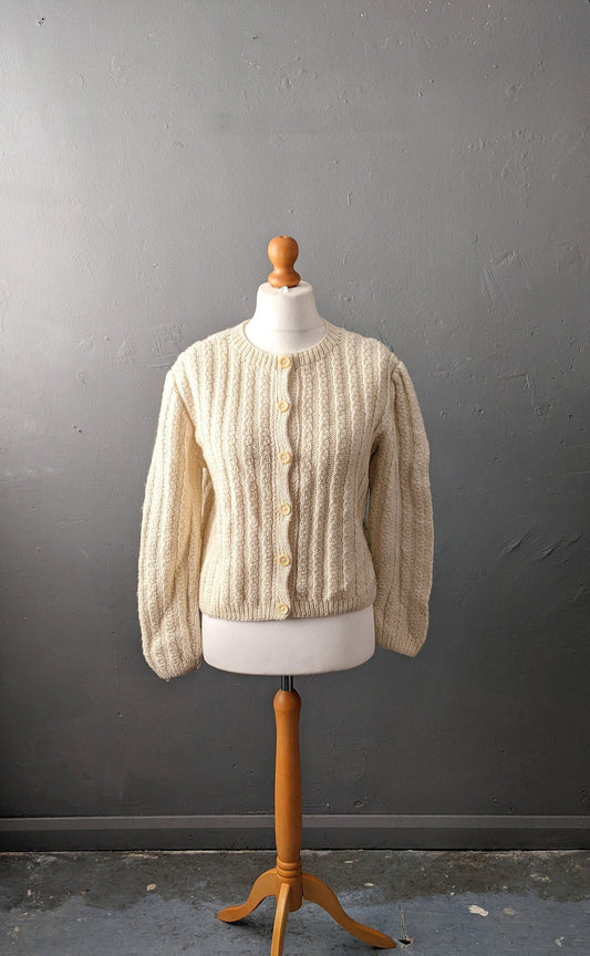Vintage 80s Chunky Knit Cardigan in Cream Wool, Size Large