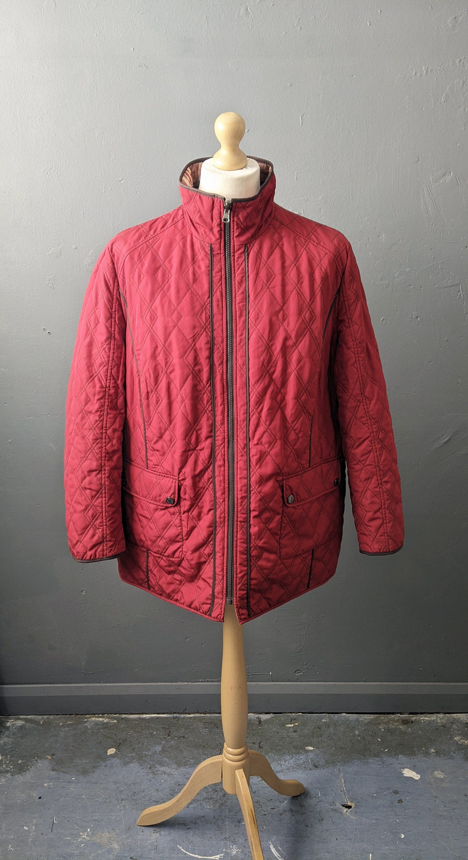 Y2K Wine Red Quilted Overcoat, Cold Weather Jacket Liner, Plus Size