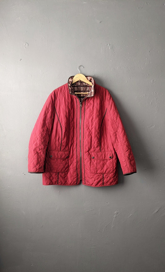 Y2K Wine Red Quilted Overcoat, Cold Weather Jacket Liner, Plus Size