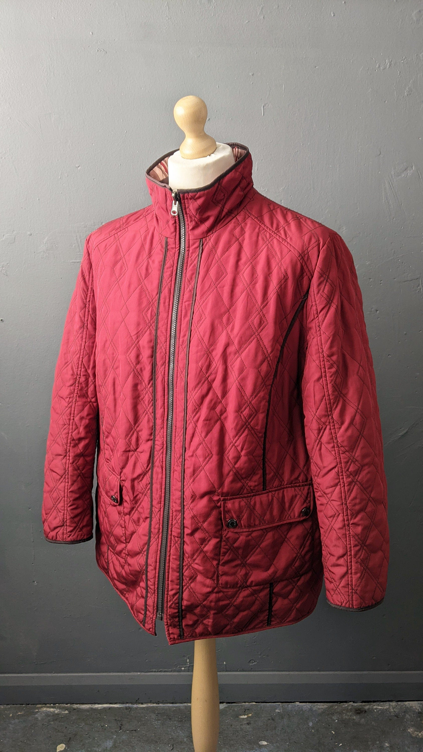 Y2K Wine Red Quilted Overcoat, Cold Weather Jacket Liner, Plus Size