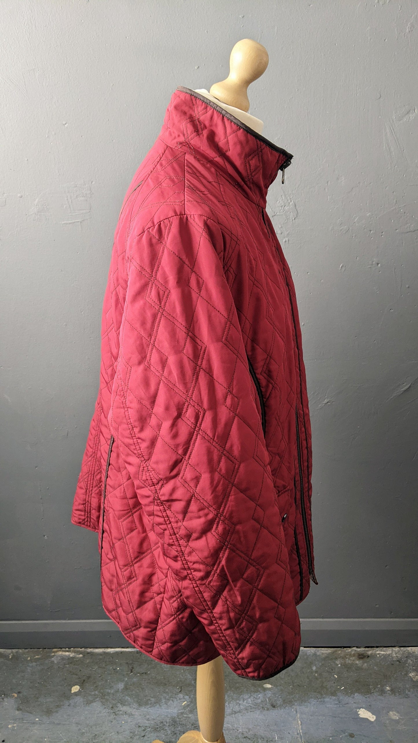 Y2K Wine Red Quilted Overcoat, Cold Weather Jacket Liner, Plus Size