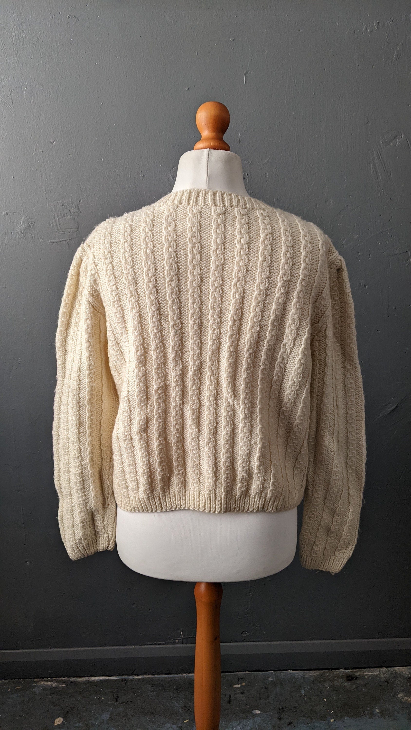 Vintage 80s Chunky Knit Cardigan in Cream Wool, Size Large