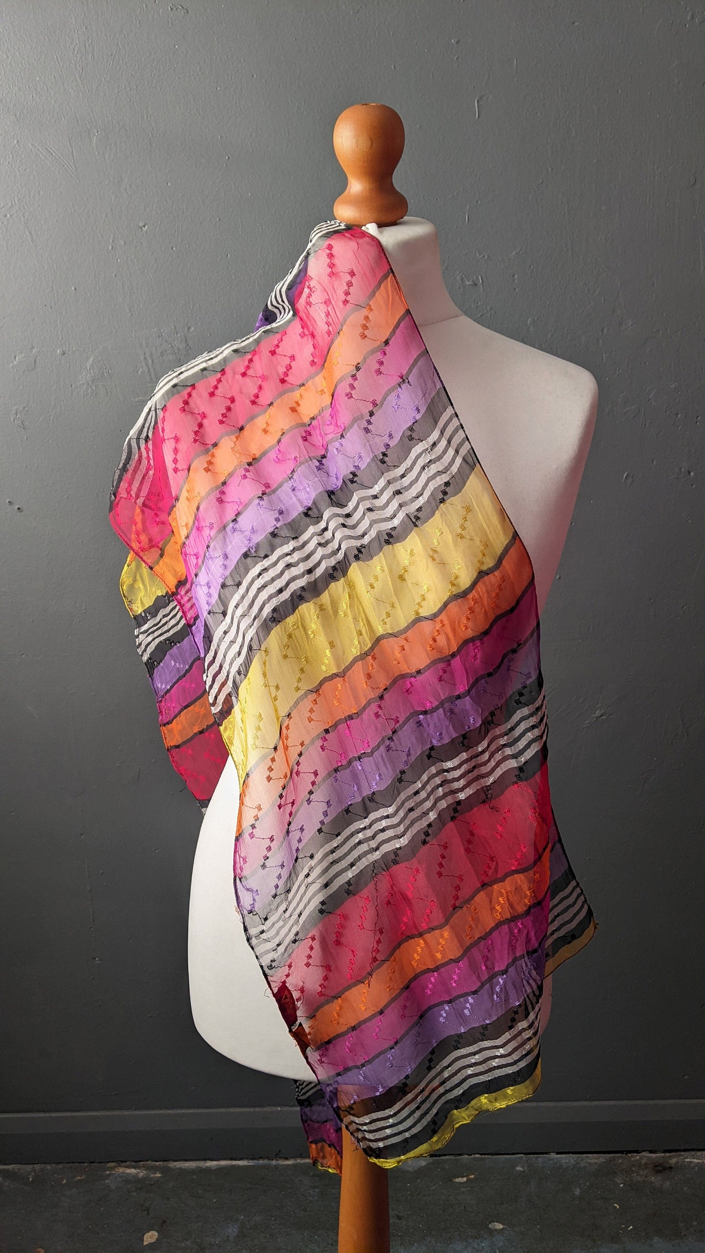 90s Rainbow Chiffon Scarf, Long Striped Embroidered Neckwear