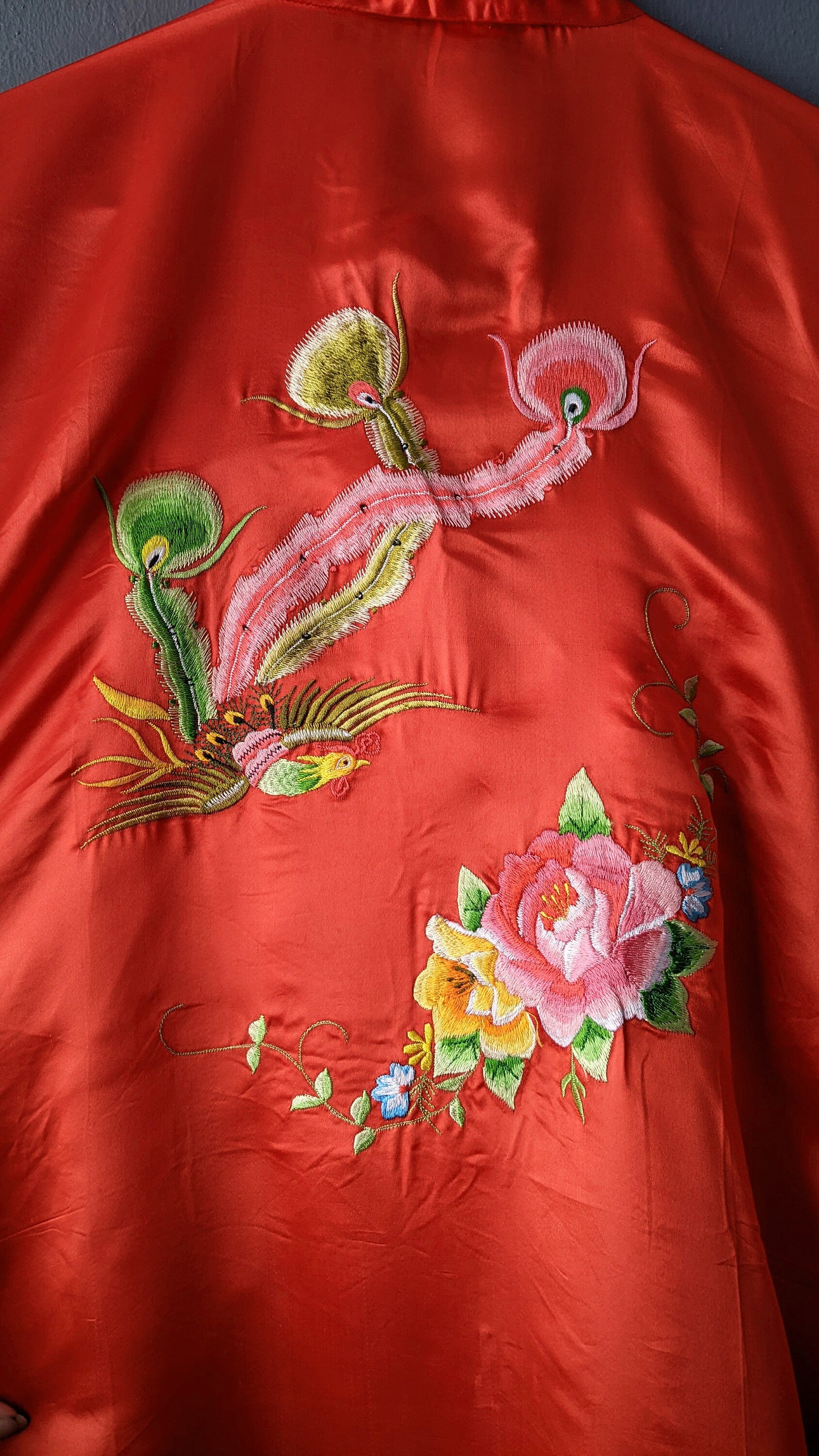 Red Chinese Silk Dressing Gown, Phoenix Embroidered Satin Robe, Size Medium Large