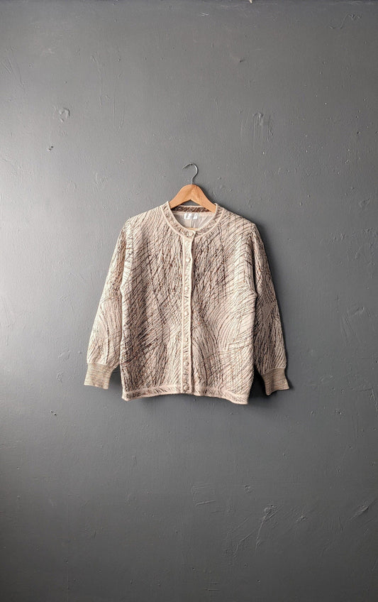 90s Wool Blend Knit Cardigan, Coatigan with Metallic Gold Scribbles, Size Large