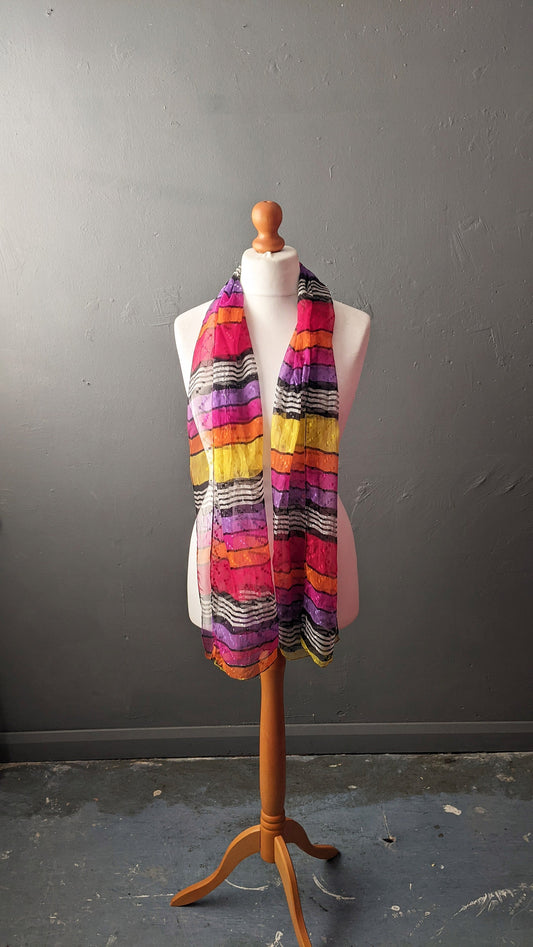 90s Rainbow Chiffon Scarf, Long Striped Embroidered Neckwear