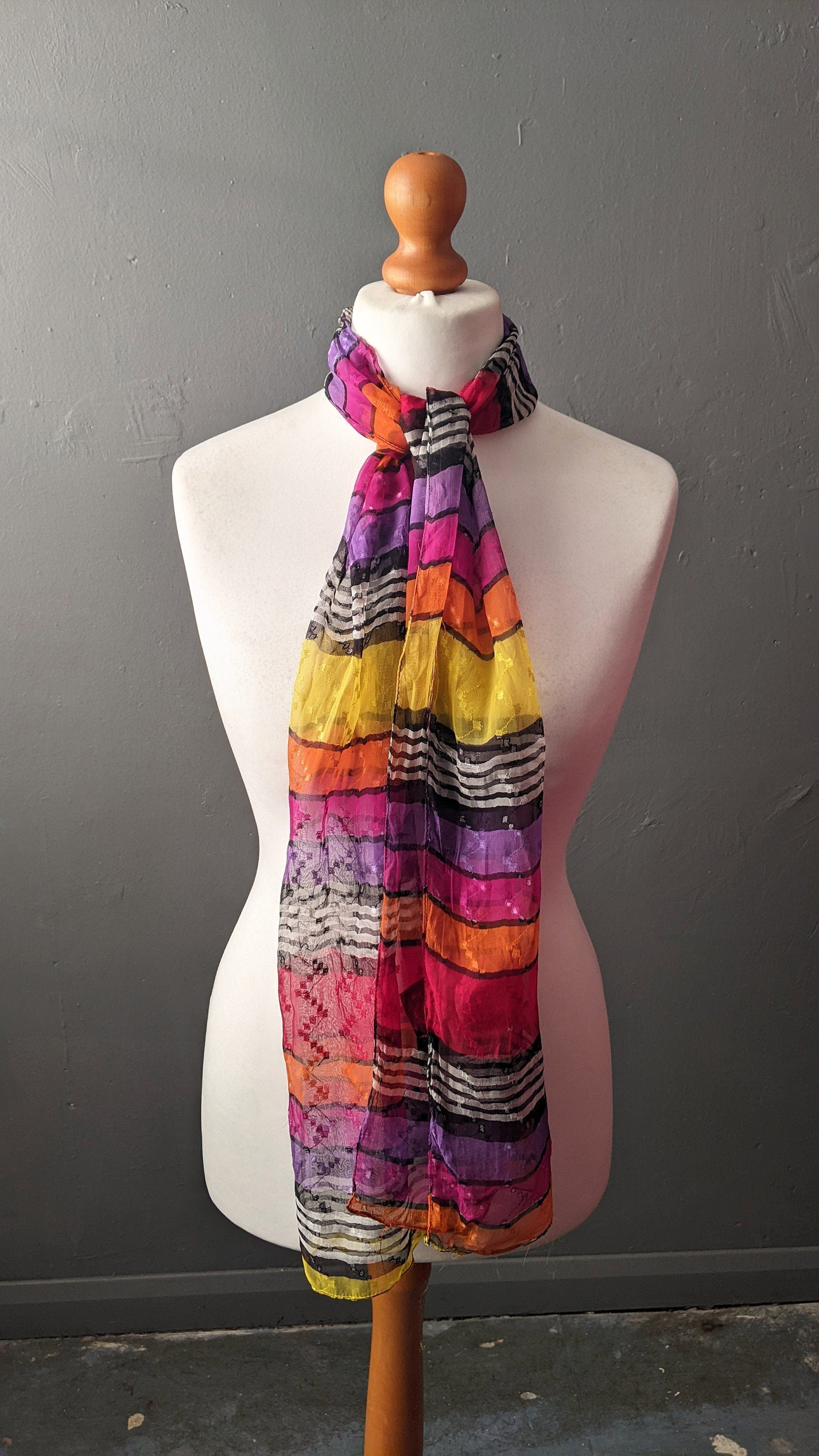 90s Rainbow Chiffon Scarf, Long Striped Embroidered Neckwear
