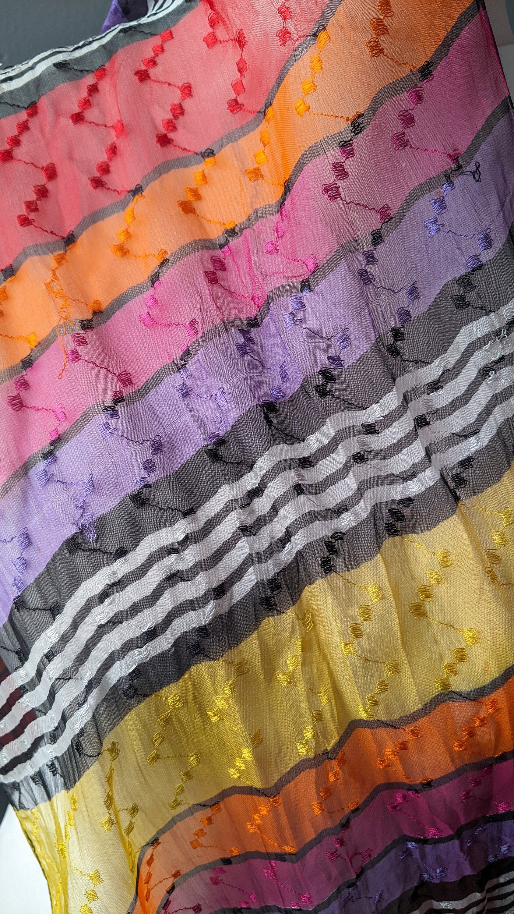 90s Rainbow Chiffon Scarf, Long Striped Embroidered Neckwear