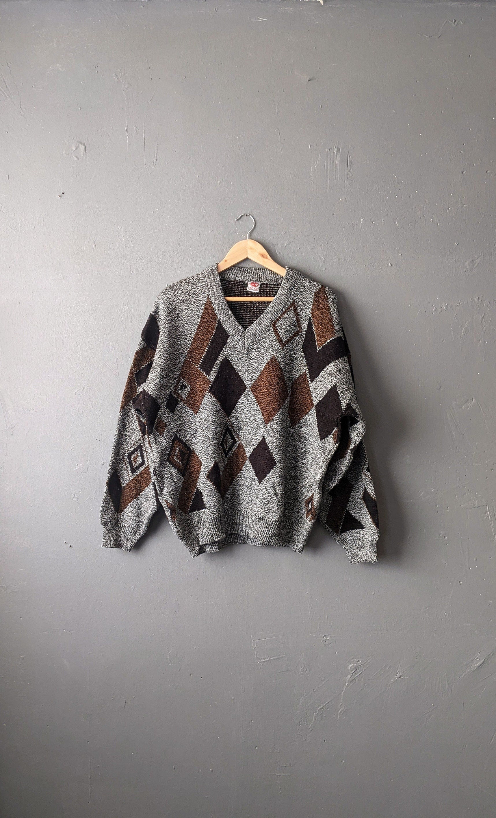 Mens 90s Rhombus Jumper, Geometric Knit Pullover, 50 Chest